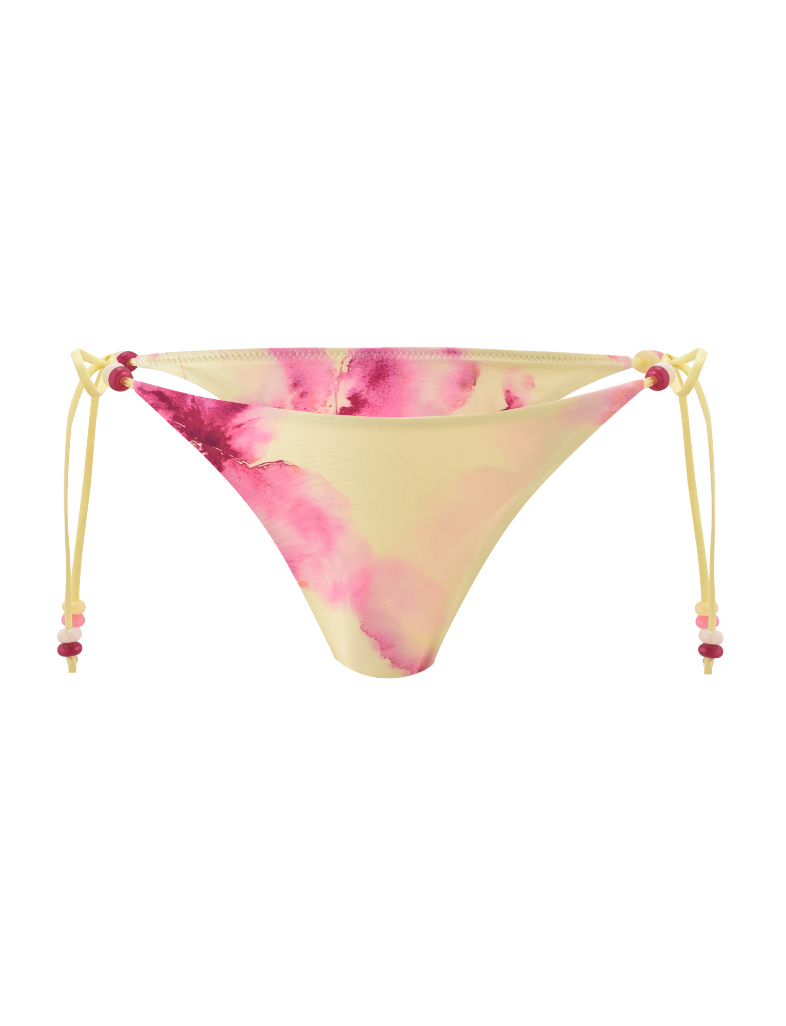 The TIGERMIST FINLEA BIKINI BOTTOM - WATERCOLOUR FLORAL is shown on a white background, featuring an adjustable yellow beaded side tie and a pink tie-dye floral pattern with pink and red beads.