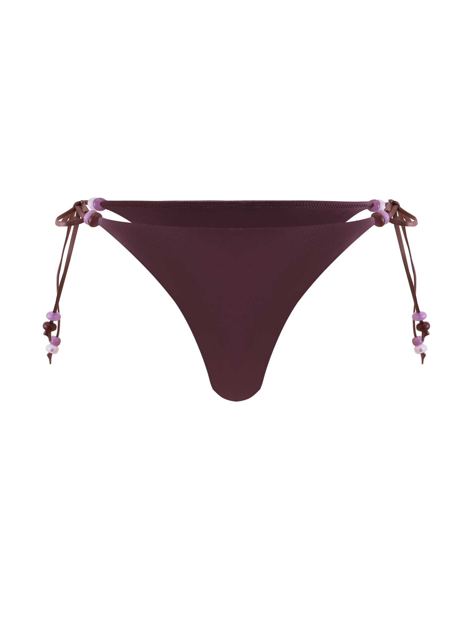 The TIGERMIST FINLEA BIKINI BOTTOM - ZEN FLORAL features a maroon cheeky cut with side ties and purple beaded straps, shown on a plain white background.