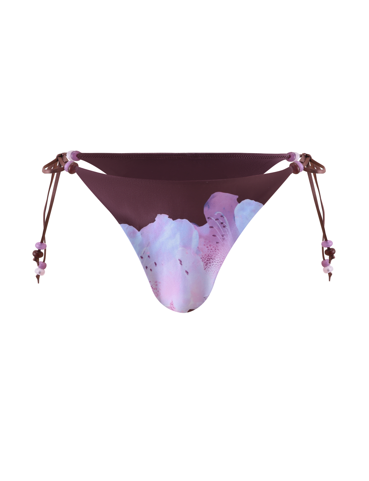 The TIGERMIST FINLEA BIKINI BOTTOM - ZEN FLORAL is a cheeky plum bikini bottom with beaded side-tie straps, featuring soft pink and lavender floral prints on a plain white background.
