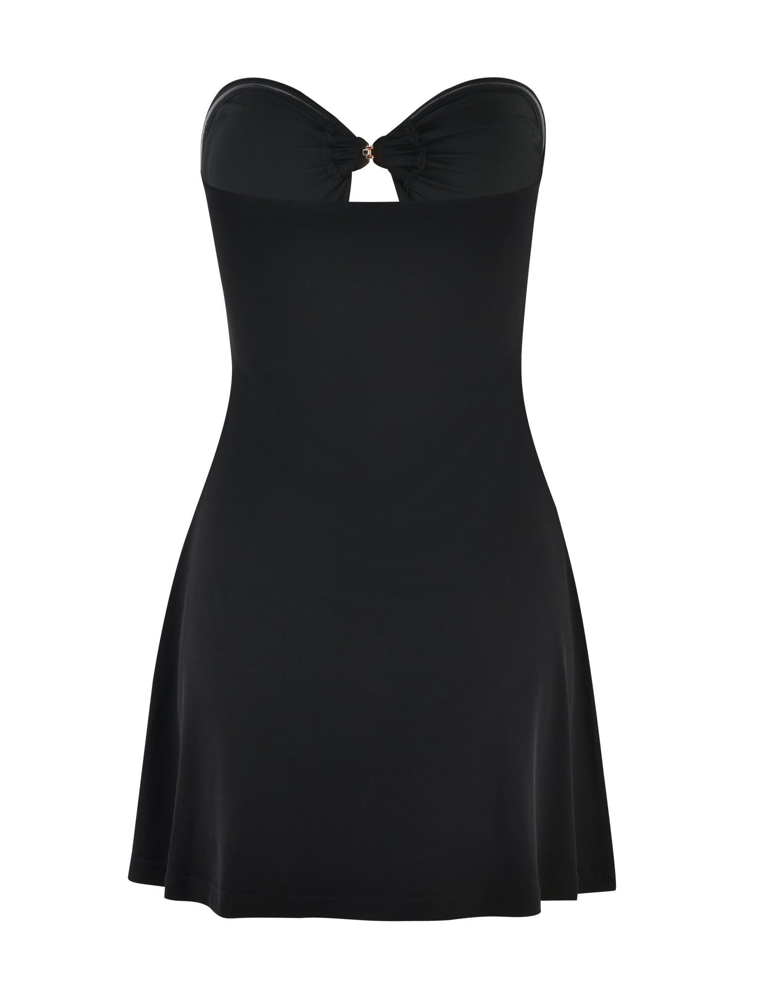 The CECILY MINI DRESS - BLACK by TIGERMIST features an A-line silhouette with a sweetheart neckline and a knot detail at the bust. This sleeveless dress is designed with simplicity and elegance, making it ideal for formal or semi-formal occasions. The fabric has a smooth texture, is slightly fitted at the waist, and flares gently towards the hem.