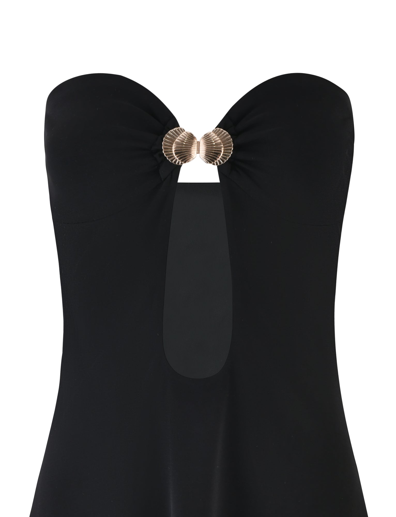 The CECILY MINI DRESS - BLACK by TIGERMIST features a strapless design with a sweetheart neckline and a gold shell-shaped clasp at the center, creating a small cutout beneath it.