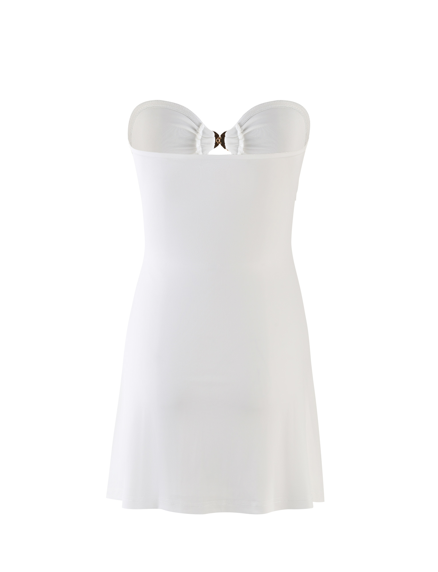 The TIGERMIST CECILY MINI DRESS - WHITE features a strapless, fitted bodice with a flared skirt, gathered center detail, and a small decorative cutout. The dress is mini length and set against a plain white background.