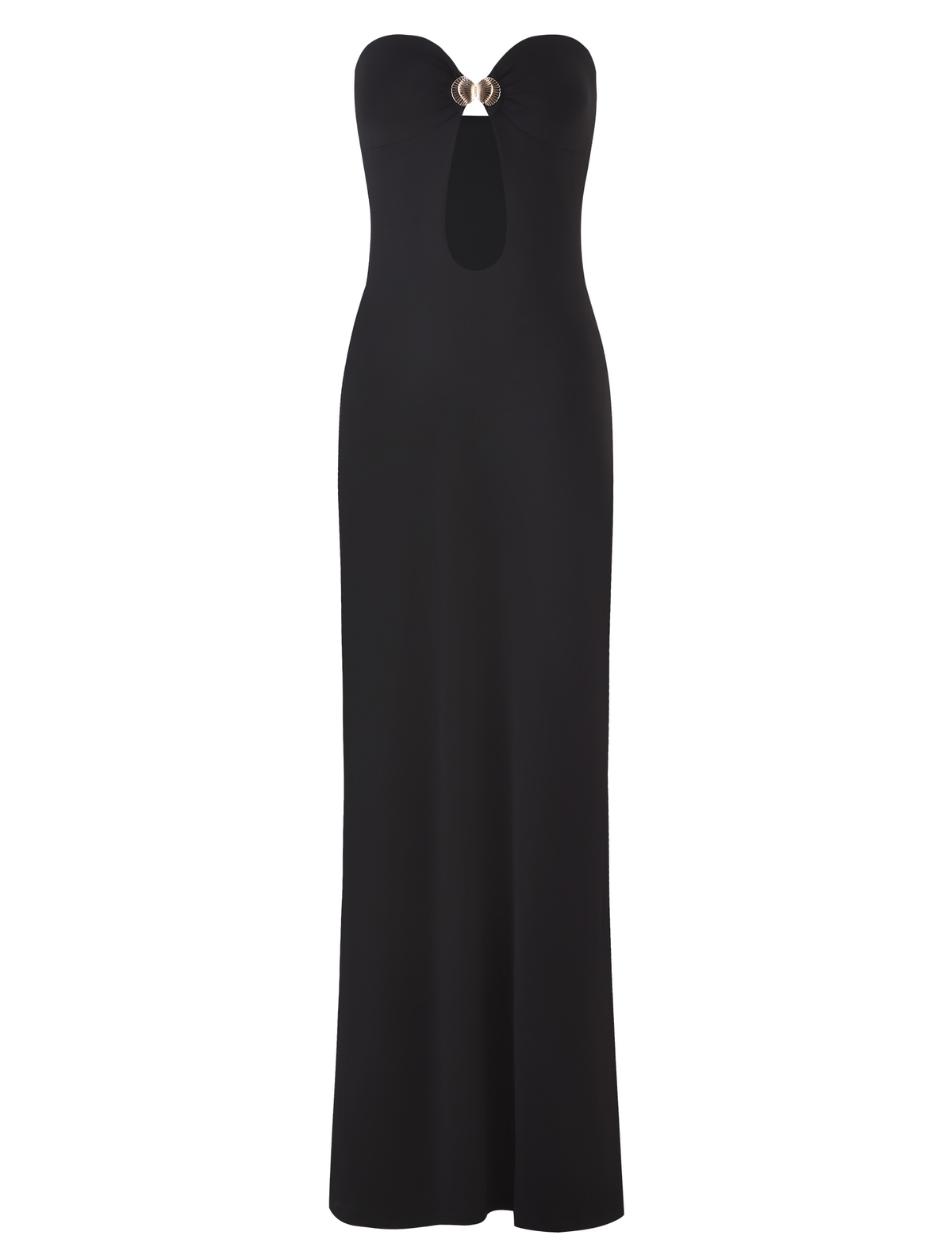 The TIGERMIST CECILY MAXI DRESS - BLACK is a long, strapless evening gown with a sweetheart neckline, keyhole cutout below the bust, and bold metallic ring detail at the center chest.