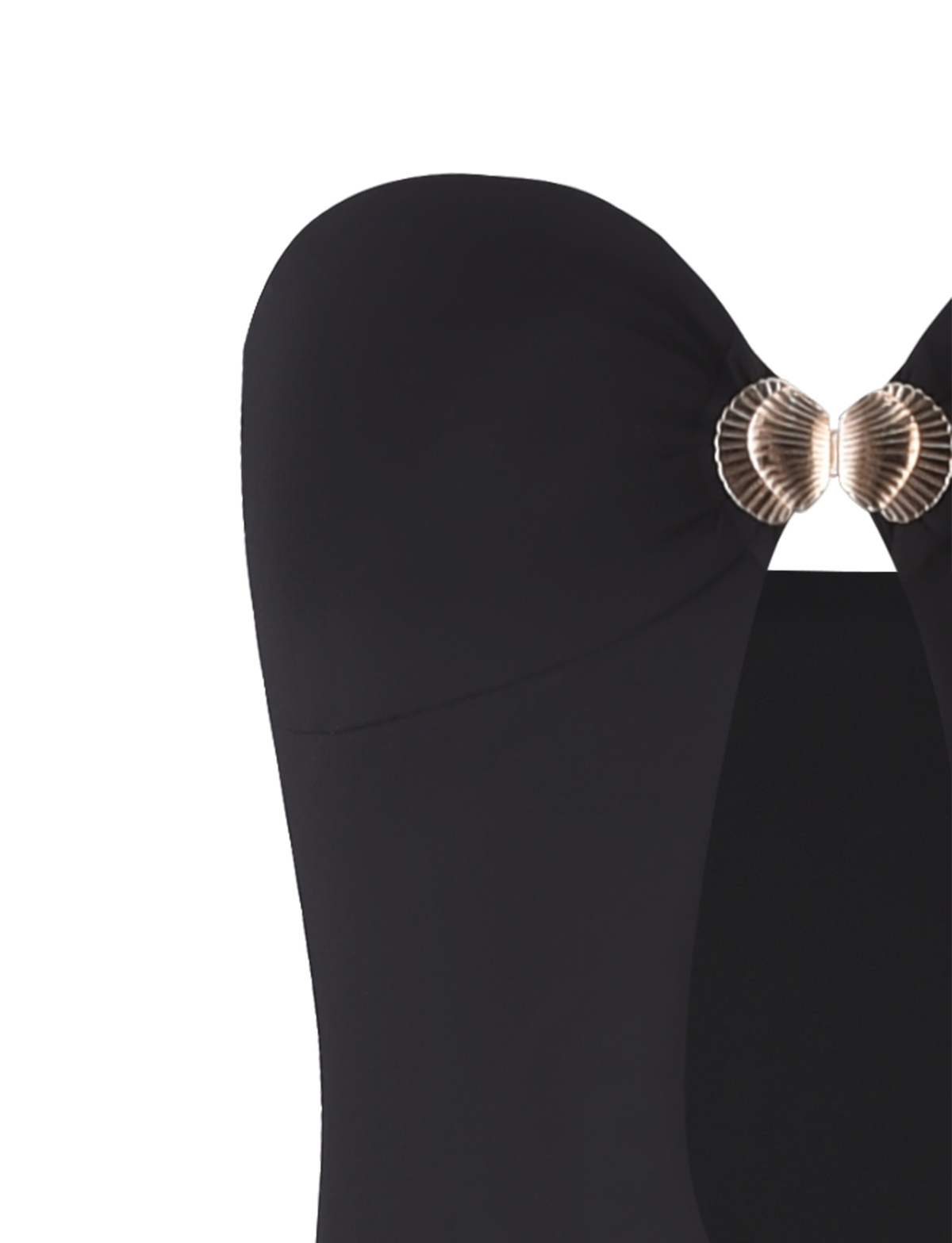 Close-up of the CECILY MAXI DRESS in black by TIGERMIST, showcasing a strapless design with a seashell-shaped metallic accent at the center of the bust, evoking an elegant sweetheart neckline.