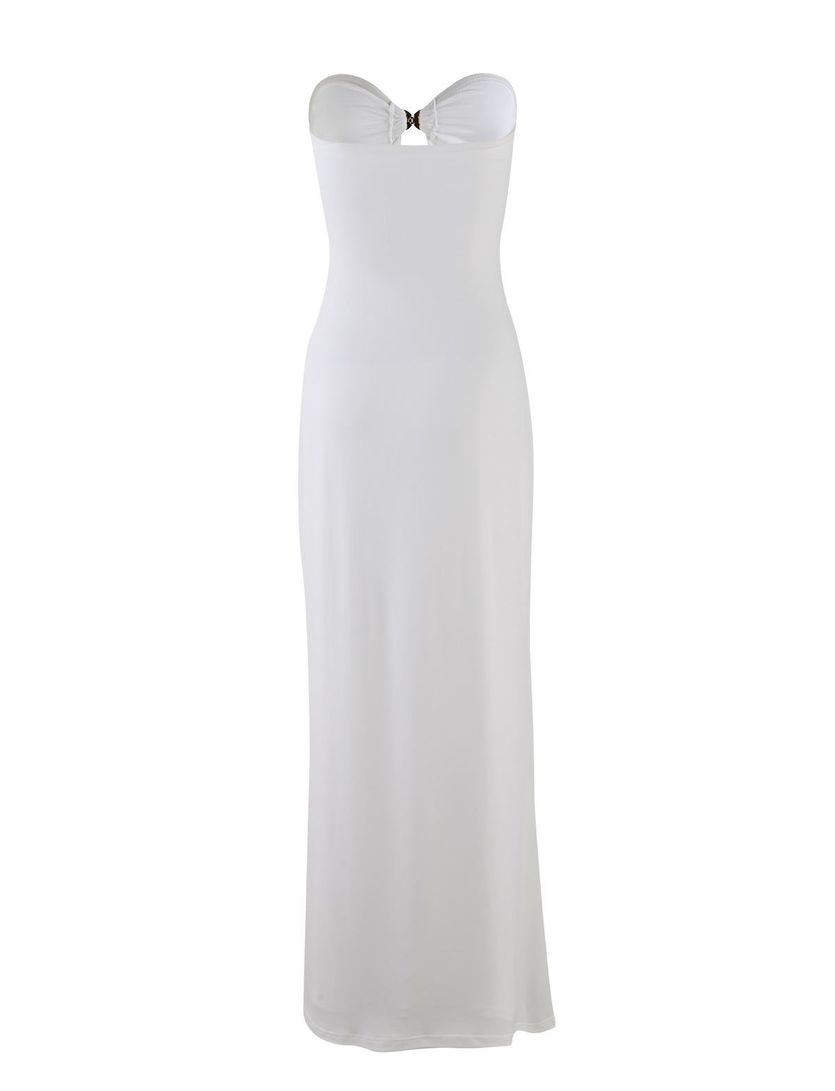 The CECILY MAXI DRESS - WHITE by TIGERMIST is a strapless, fitted white maxi dress with a sweetheart neckline and a metallic V-shaped accent at the bust.