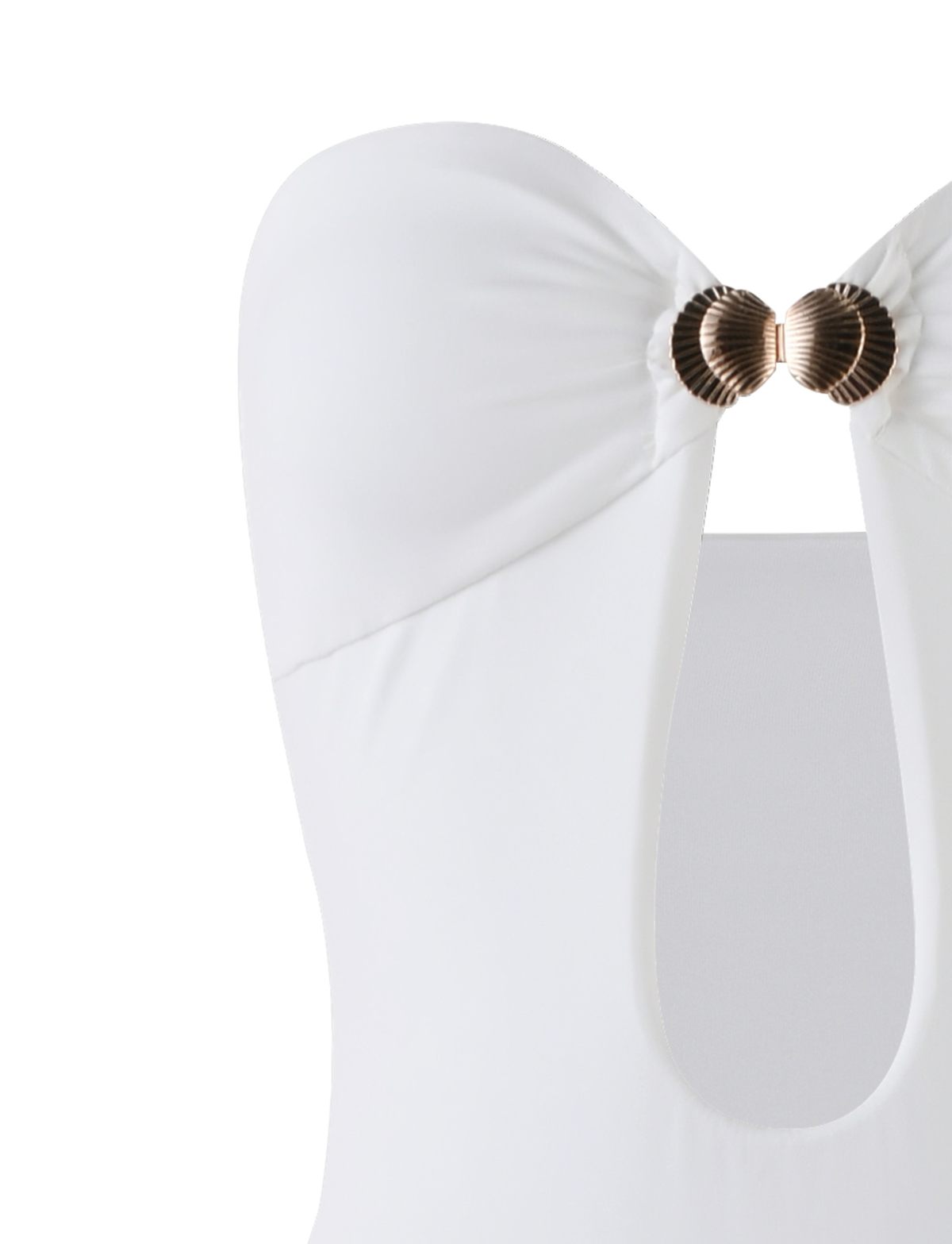 The CECILY MAXI DRESS in white by TIGERMIST features a strapless sweetheart neckline, ruched bust, metallic shell-shaped embellishments at the center, a fitted silhouette from smooth fabric, and a chic cutout below the bust.