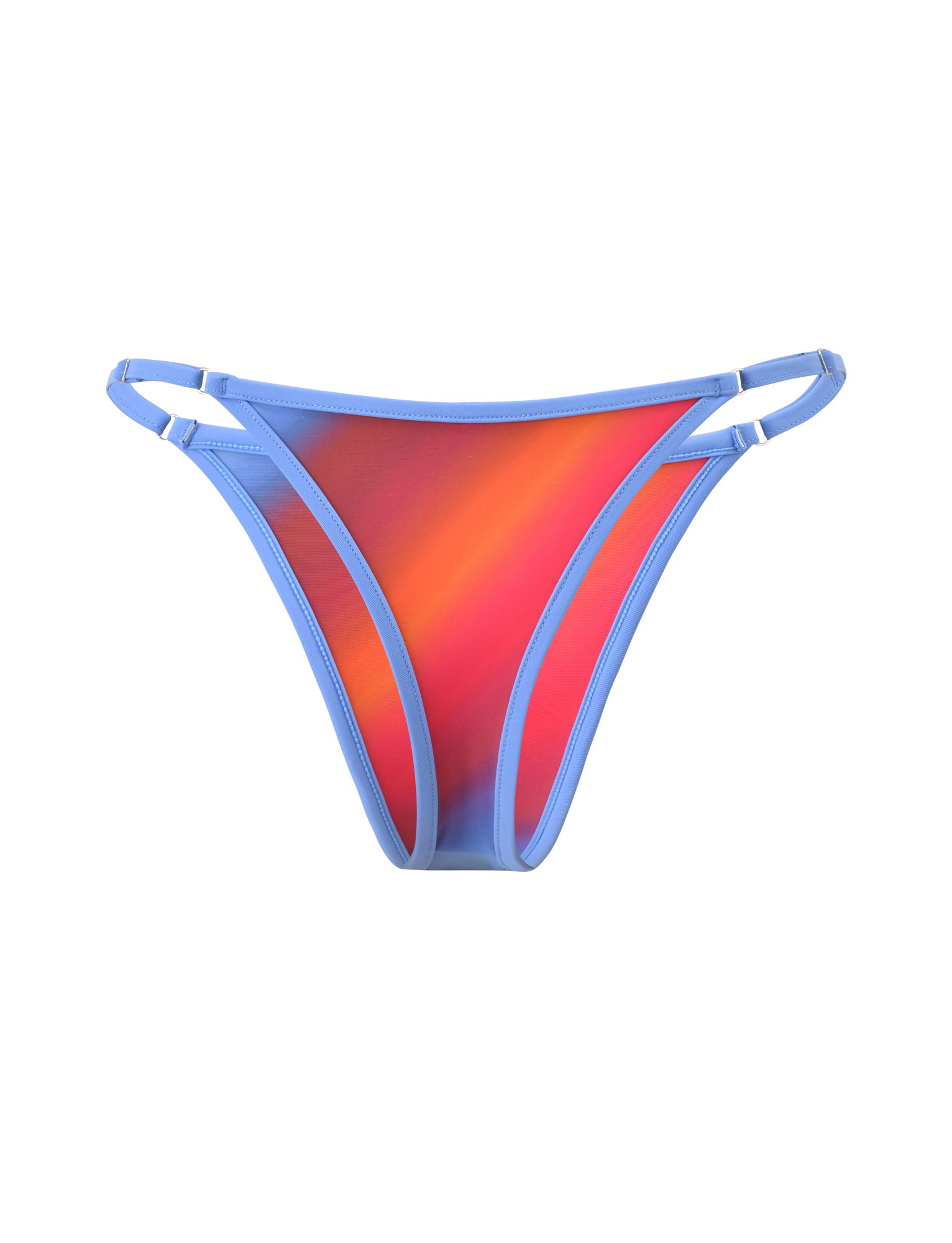 The TIGERMIST DIANA SWIM SKIRT SET - CIELO OMBRE features bikini bottoms with a vibrant red and orange ombre stripe design, accented by light blue straps and trim, shown against a plain white background.