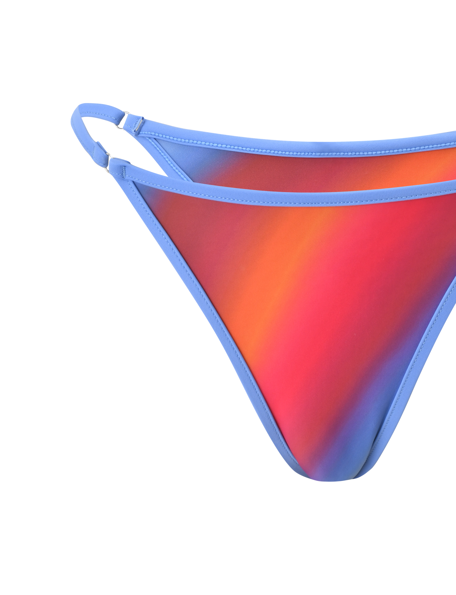 A close-up of the TIGERMIST DIANA SWIM SKIRT SET - CIELO OMBRE, showcasing a red, orange, yellow, and blue gradient design with light blue trim and double side straps, set against a plain white background.