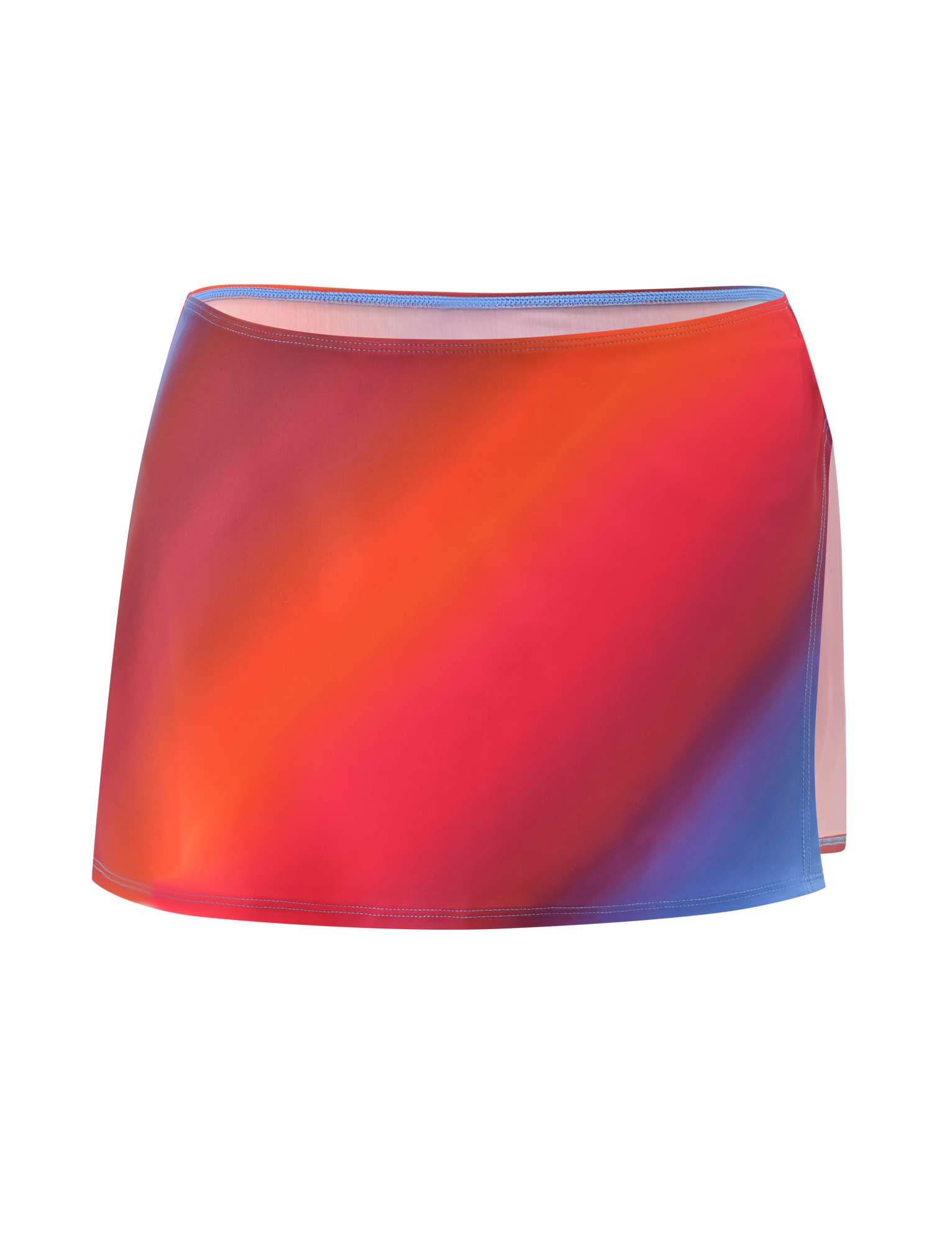 The TIGERMIST DIANA SWIM SKIRT SET in CIELO OMBRE features a mini skirt with a smooth, colorful ombre stripe gradient in red, orange, pink, and blue tones, shown against a plain white background.