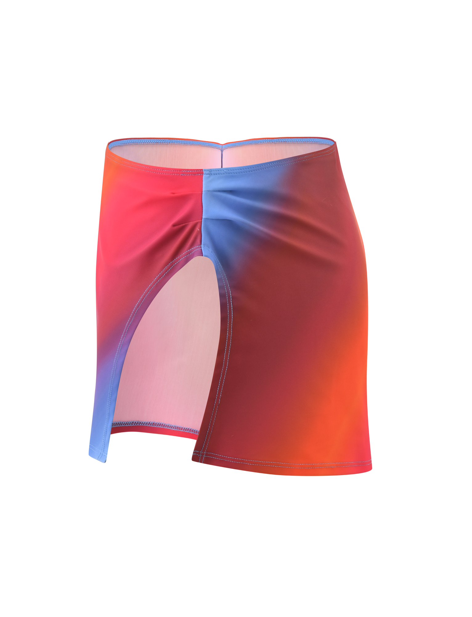 The DIANA SWIM SKIRT SET - CIELO OMBRE by TIGERMIST is a short, fitted skirt with red, orange, and blue ombre stripes, a front vertical slit, and visible stitching, shown on a plain white background.