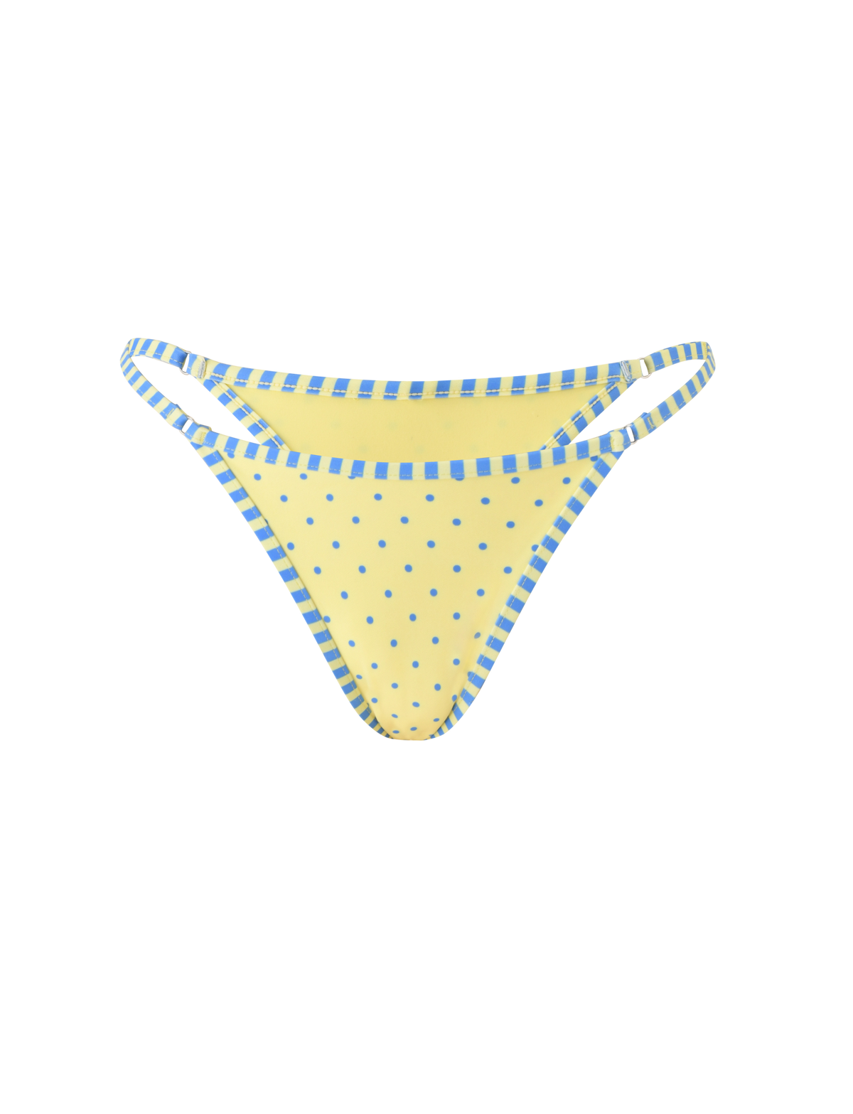 The TIGERMIST DIANA SWIM SKIRT SET in Lemon and Blueberry Spot features a yellow polka dot bikini bottom with blue-and-yellow striped trim, shown on a plain white background.
