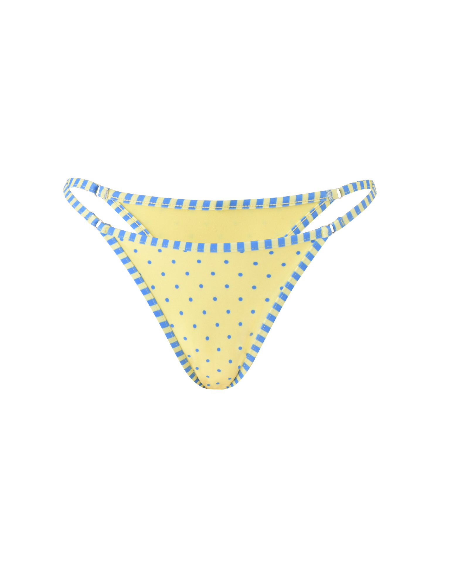 The TIGERMIST DIANA SWIM SKIRT SET in Lemon and Blueberry Spot features a yellow polka dot bikini bottom with blue-and-yellow striped trim, shown on a plain white background.