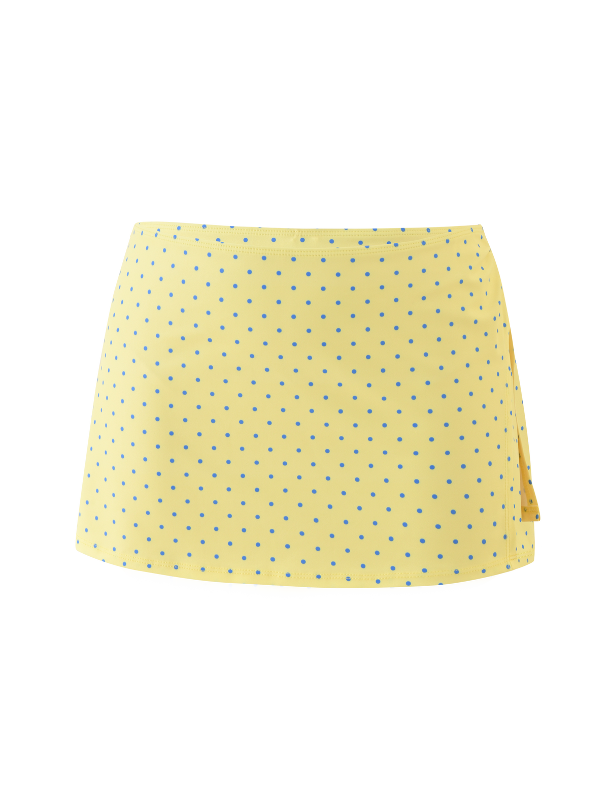 The DIANA SWIM SKIRT SET - LEMON AND BLUEBERRY SPOT by TIGERMIST features a yellow skirt with blue polka dots, a smooth design, and a subtle side slit, shown on a plain white background—ideal for pairing over your bikini bottom.