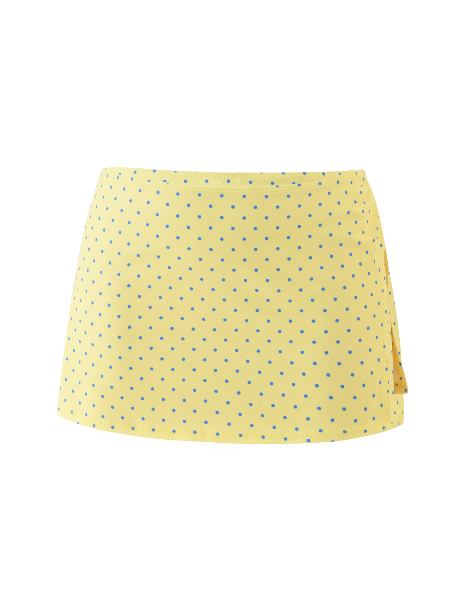 The DIANA SWIM SKIRT SET - LEMON AND BLUEBERRY SPOT by TIGERMIST features a yellow skirt with blue polka dots, a smooth design, and a subtle side slit, shown on a plain white background—ideal for pairing over your bikini bottom.