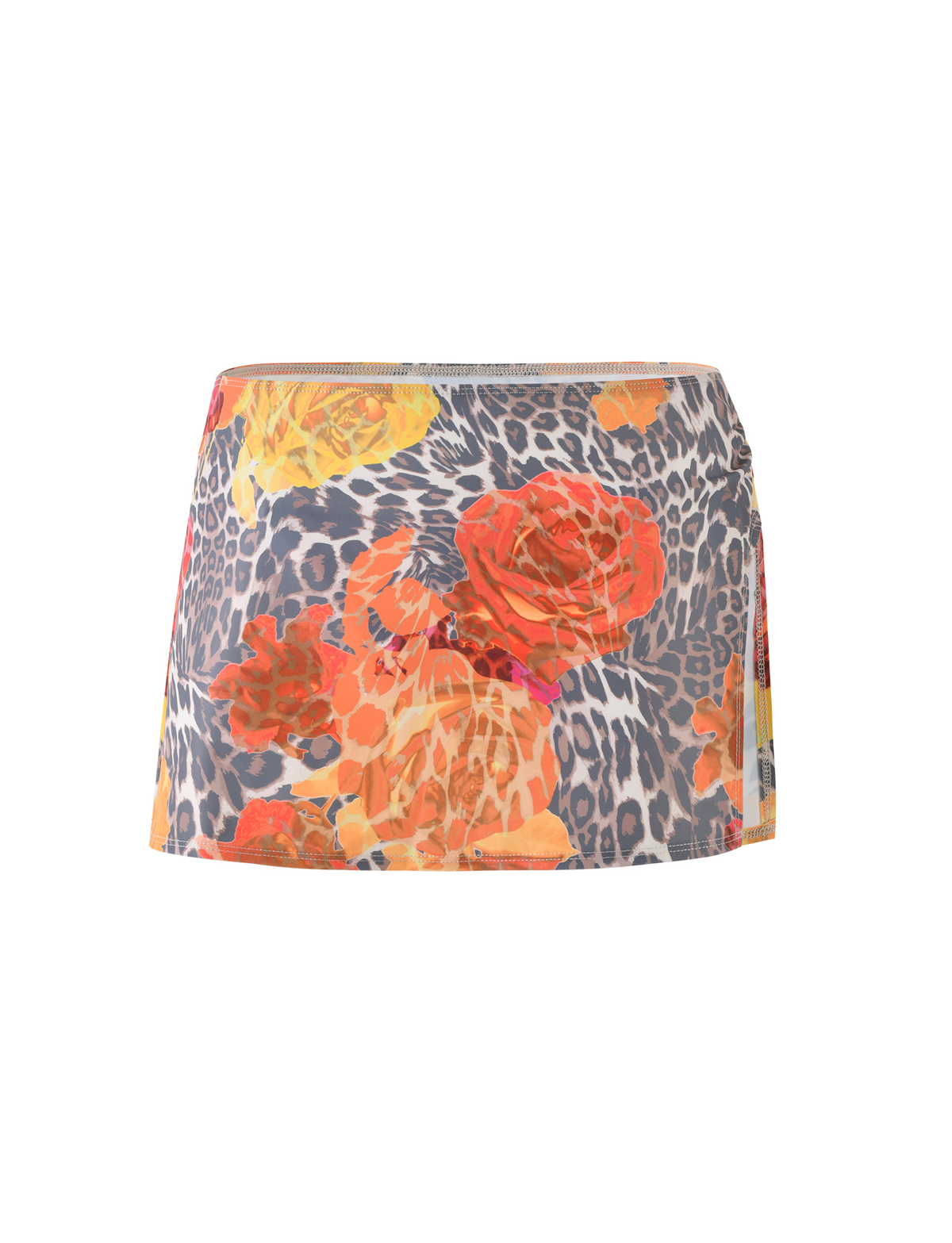 The TIGERMIST DIANA TWO-PIECE BIKINI BOTTOM - MULTI features a short, fitted swim skirt with bold orange and yellow floral patterns over an orange leopard print.