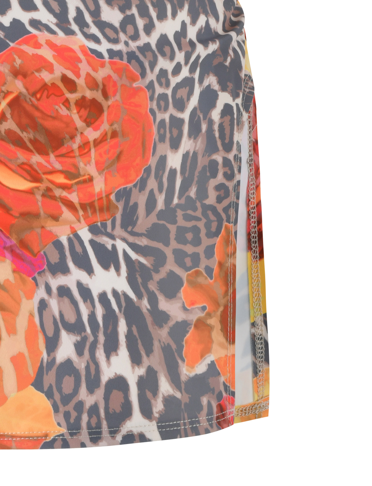 Close-up of the TIGERMIST DIANA TWO-PIECE BIKINI BOTTOM in orange leopard print, with red flowers over a gray and black background, and visible hem stitching.
