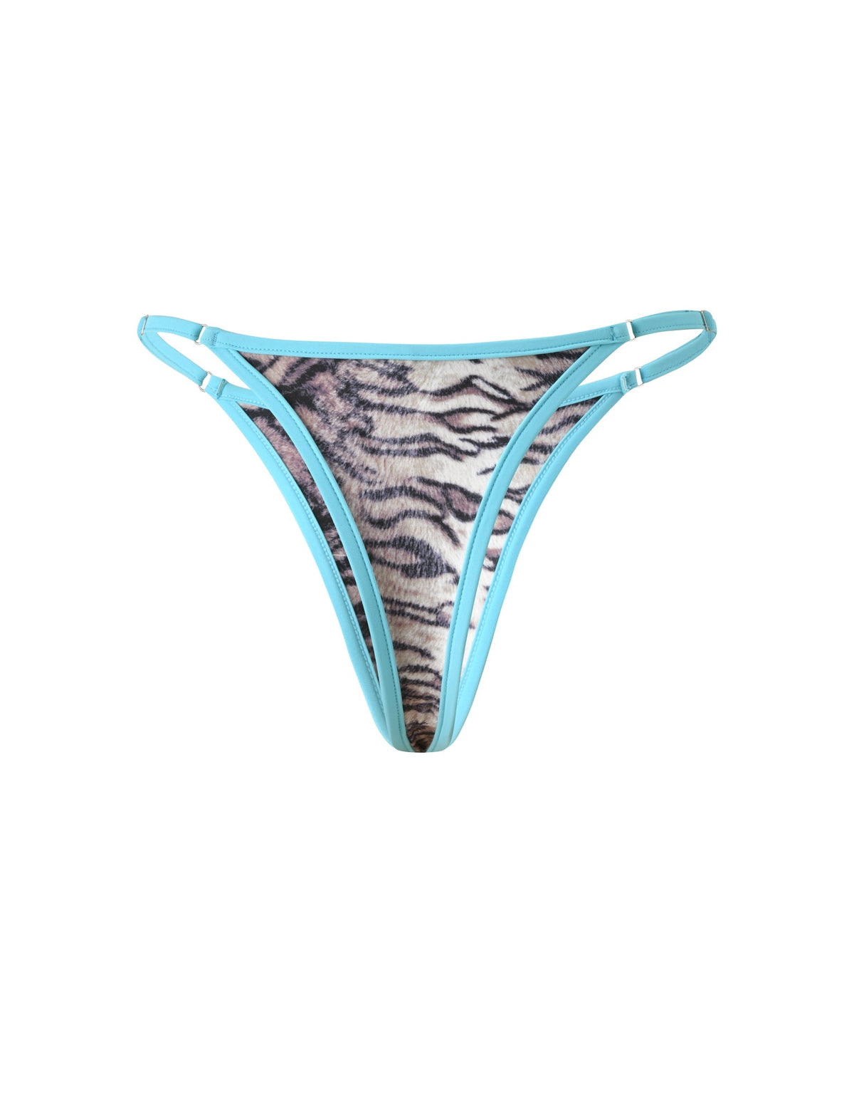 DIANA SKIRT SET - NEUTRAL TIGER cheeky bikini bottom in brown and black tiger stripes with bright blue trim and side straps.