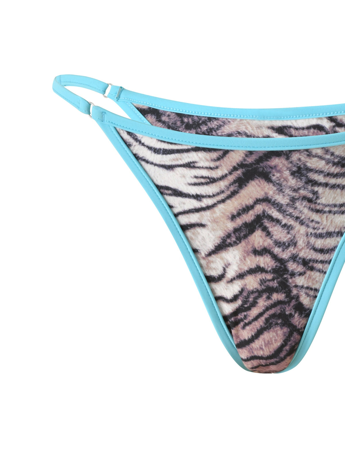 DIANA SKIRT SET - NEUTRAL TIGER cheeky tiger print bikini bottom with bright blue trim.