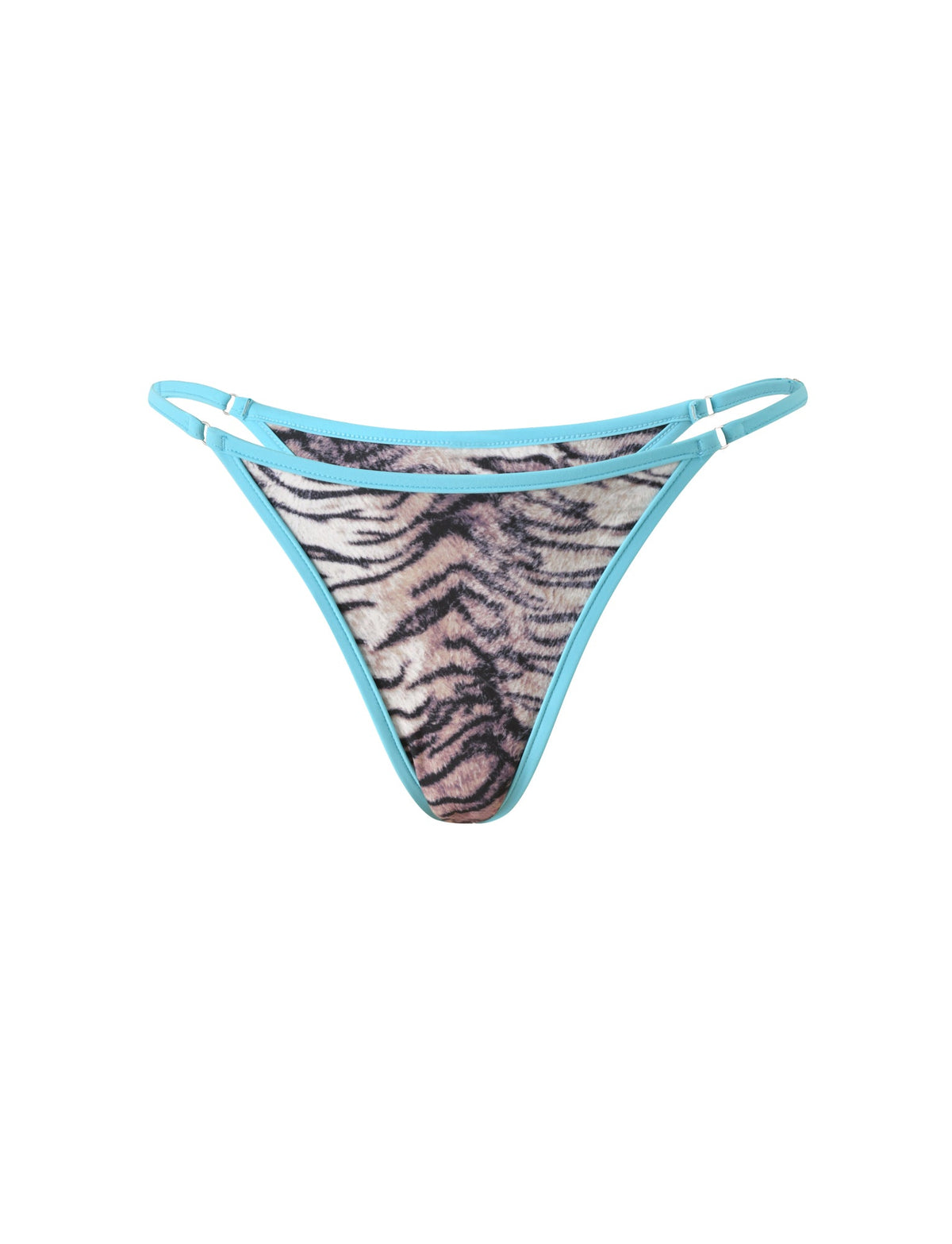 DIANA SKIRT SET - NEUTRAL TIGER cheeky bikini bottom with tiger print, light blue piping, and adjustable side straps.