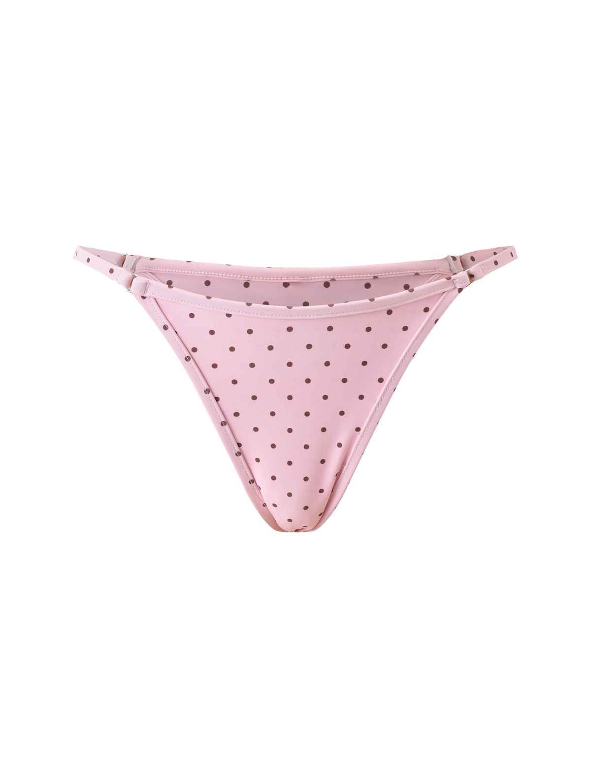 The TIGERMIST DIANA SWIM SKIRT SET in pink polka dot features a minimalist design with thin side straps, perfect for fans of a cheeky bikini bottom look.