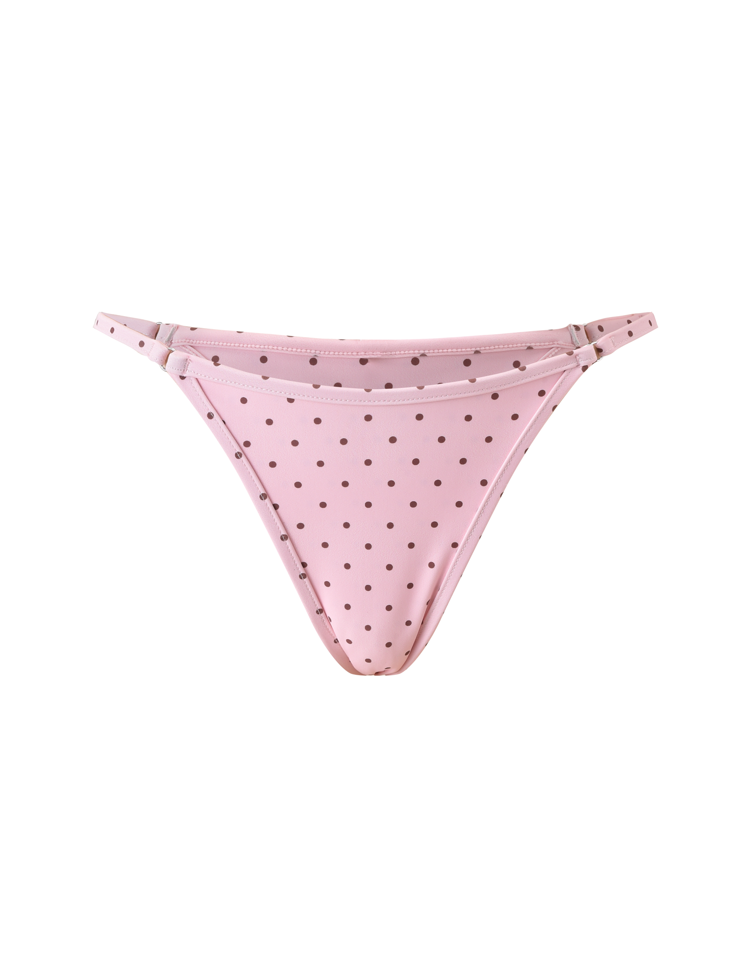 The TIGERMIST DIANA SWIM SKIRT SET in pink polka dot features a minimalist design with thin side straps, perfect for fans of a cheeky bikini bottom look.