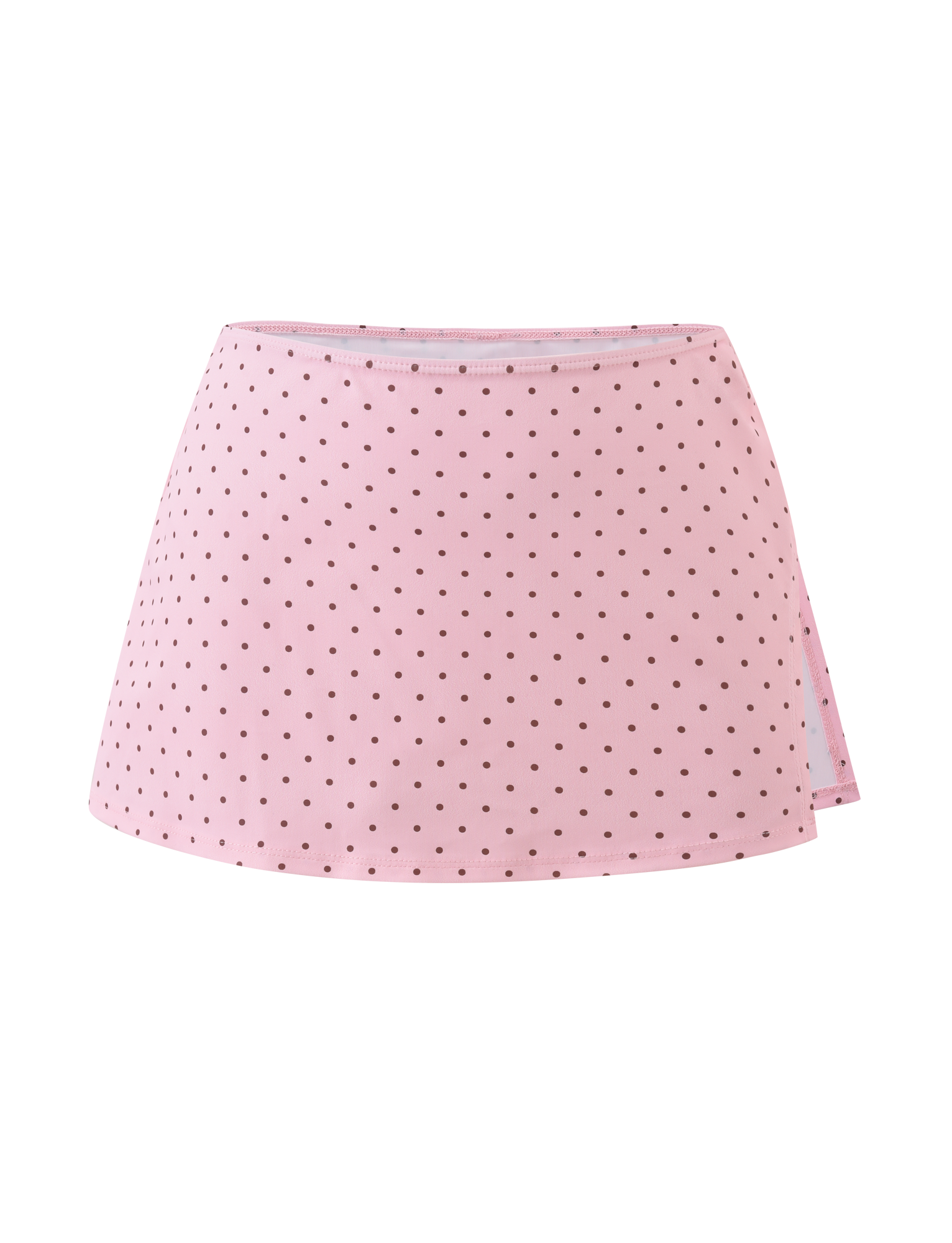 The DIANA SWIM SKIRT SET by TIGERMIST features a pink mini skirt with an A-line shape and evenly spaced black polka dots, inspired by a playful bikini. Its clean waistband offers a simple, chic finish without visible embellishments.