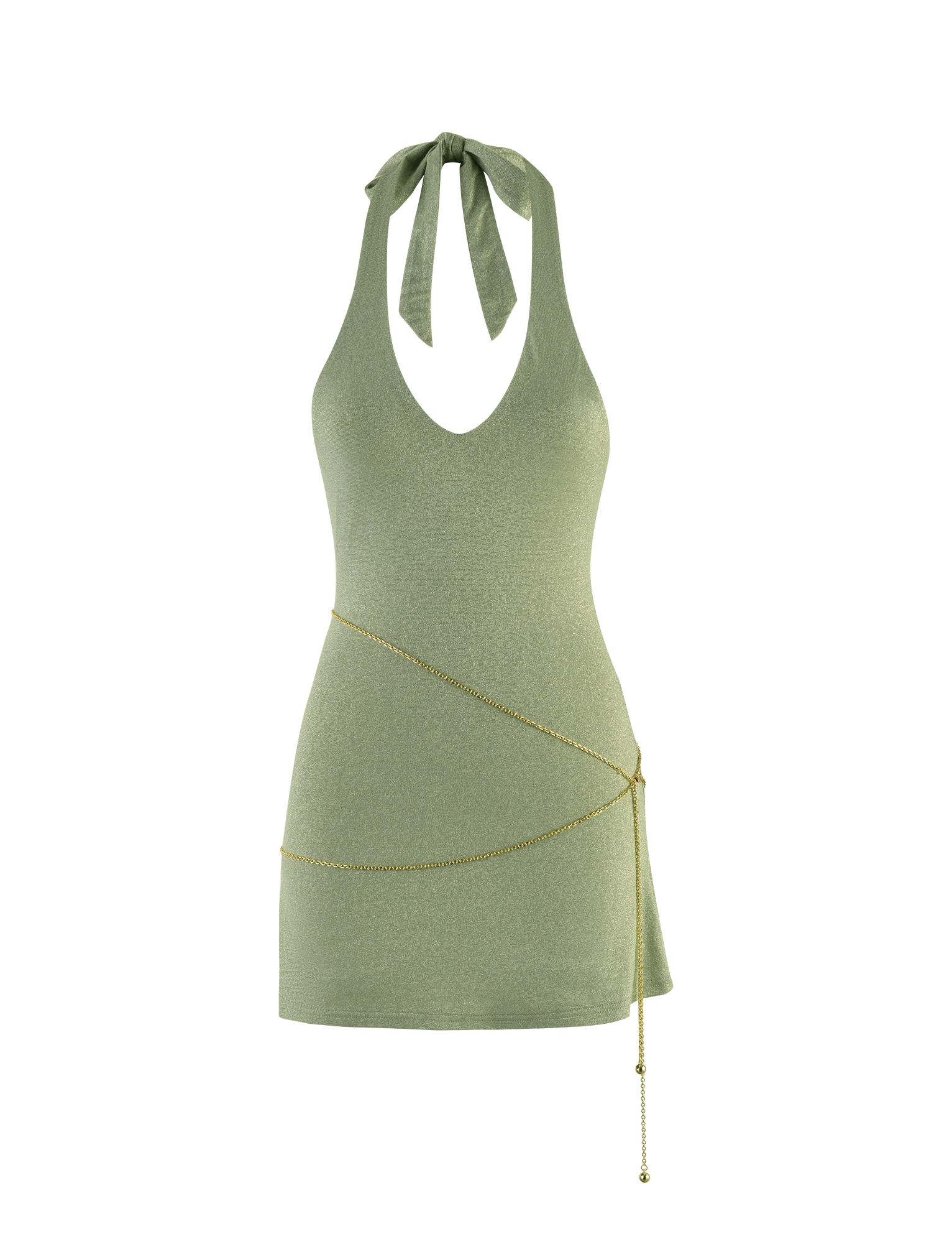 The OPELI DRESS - GREEN SPARKLE by TIGERMIST is a light green mini dress with a halter-neck, deep neckline, asymmetrical gold chain belt, fitted silhouette, and soft shimmery fabric for extra glamour.