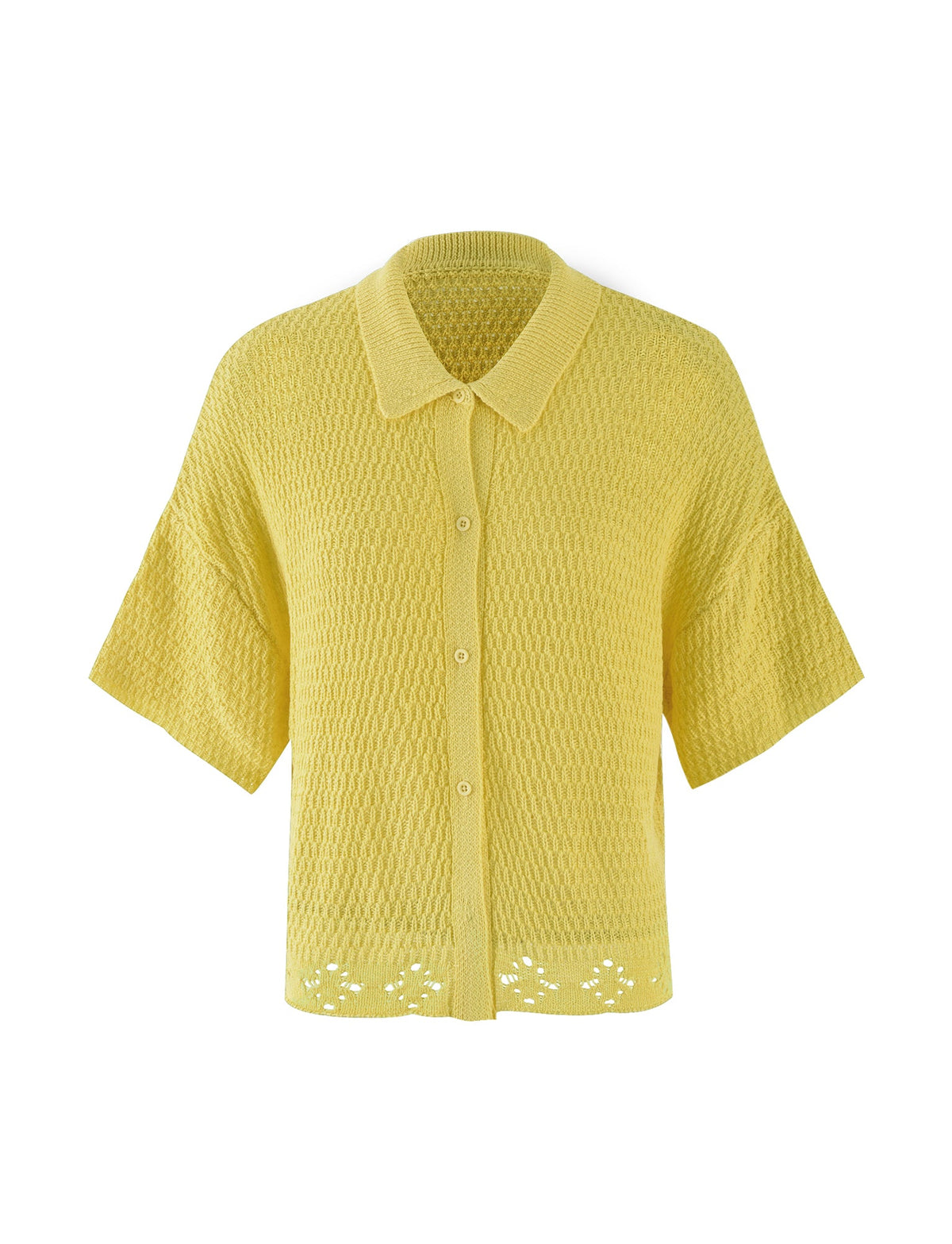 Introducing the JANAI TOP - YELLOW : LEMON from TIGERMIST, a short-sleeved, yellow knitted cardigan with a textured pattern. It features a collar, button-down front, and slightly cropped hem with a subtle open-knit detail. This stylish cardigan is displayed against a white background.