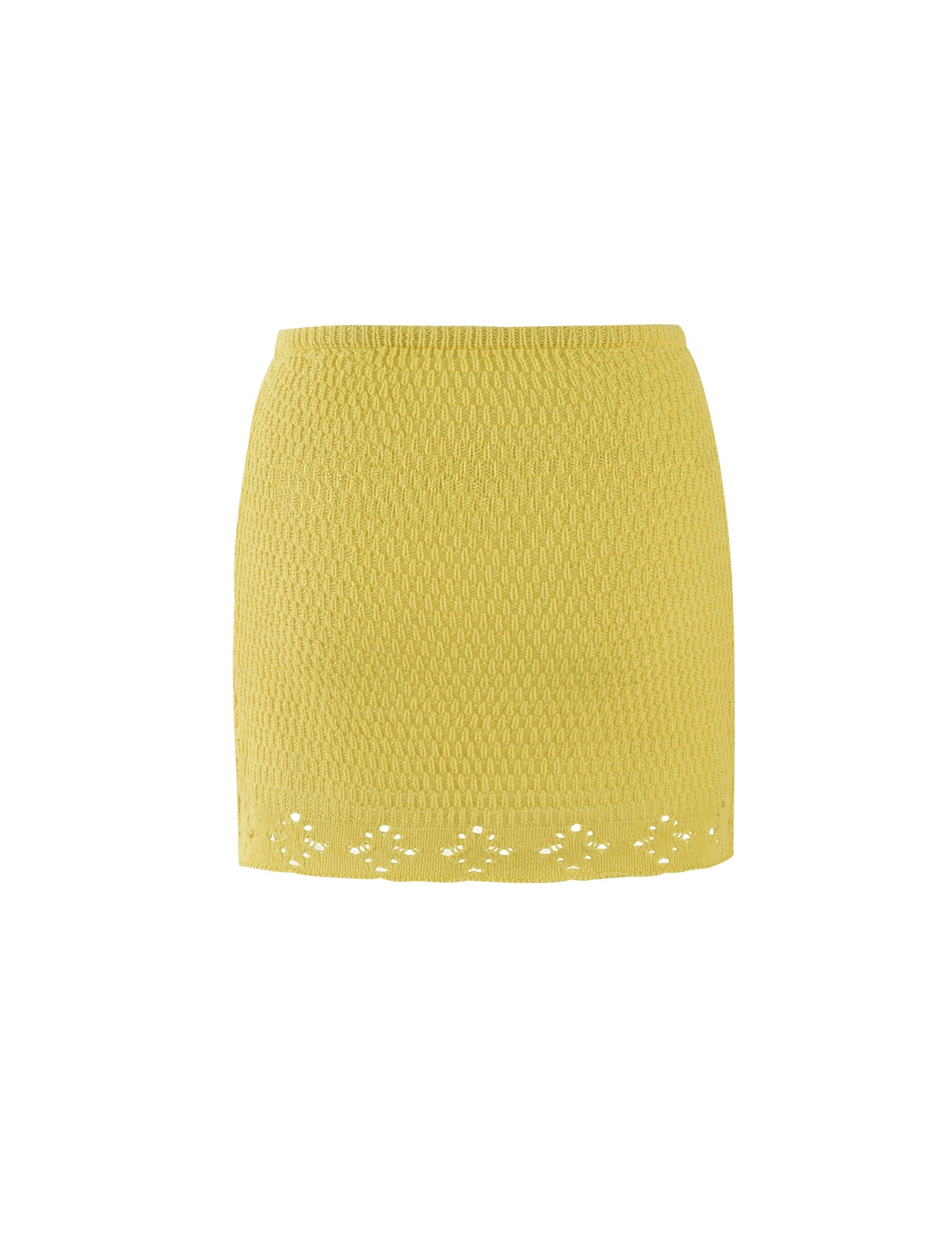 The JANAI SKIRT - YELLOW : LEMON by TIGERMIST is a yellow textured mini skirt that features a subtle woven pattern throughout and a lace hem detail at the bottom, with a fitted, close-to-body design. The skirt is showcased against a plain white background.