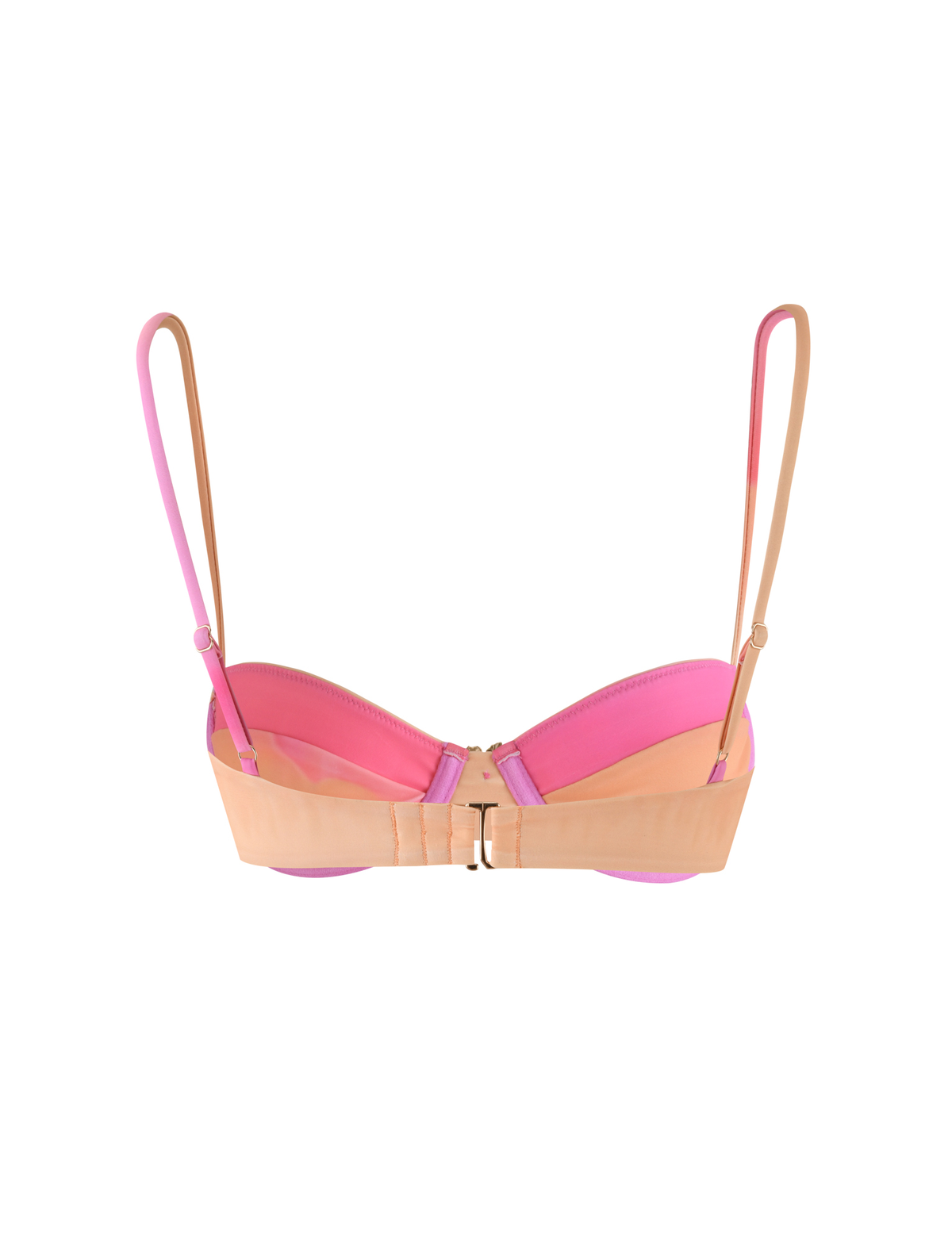 The KHESSA BIKINI TOP - PINK HIBISCUS by TIGERMIST features nude straps, a clasp closure, seamless finish, pink lining, and a subtle gold flower detail on the back.