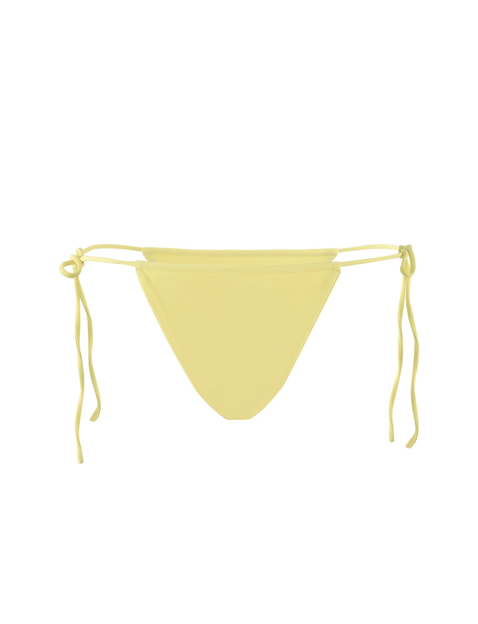 Image displaying the KHESSA BIKINI BOTTOM - YELLOW: LEMON by TIGERMIST, featuring adjustable tie sides. The design is simple and minimalist with a solid yellow color, free from patterns or additional embellishments. The long ties allow for a customized fit.