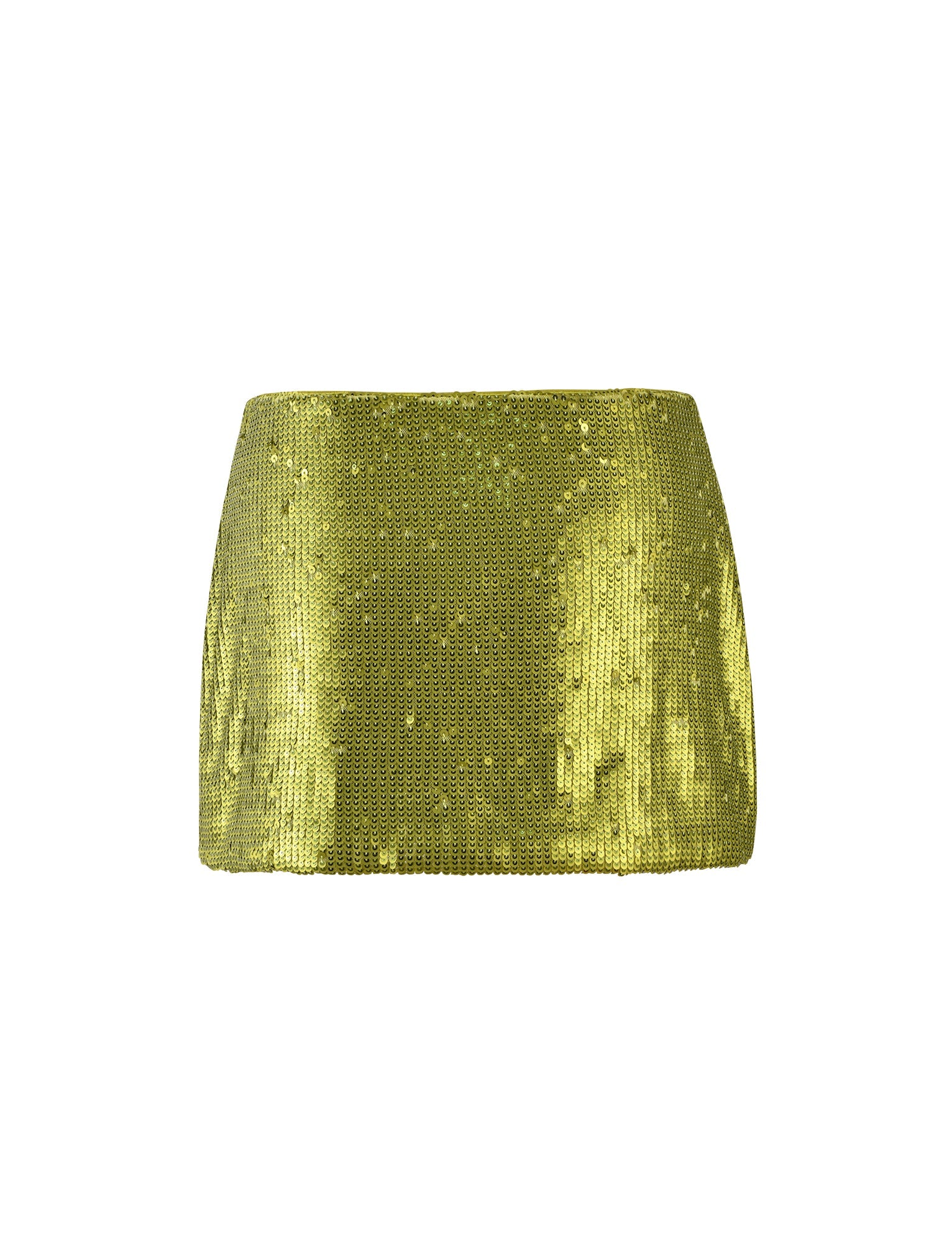 A KAYE SKIRT - GREEN: GREEN SEQUIN by TIGERMIST. This green sequin mini skirt features a straight hem and a shimmering, reflective surface due to the sequins, photographed against a plain white background.