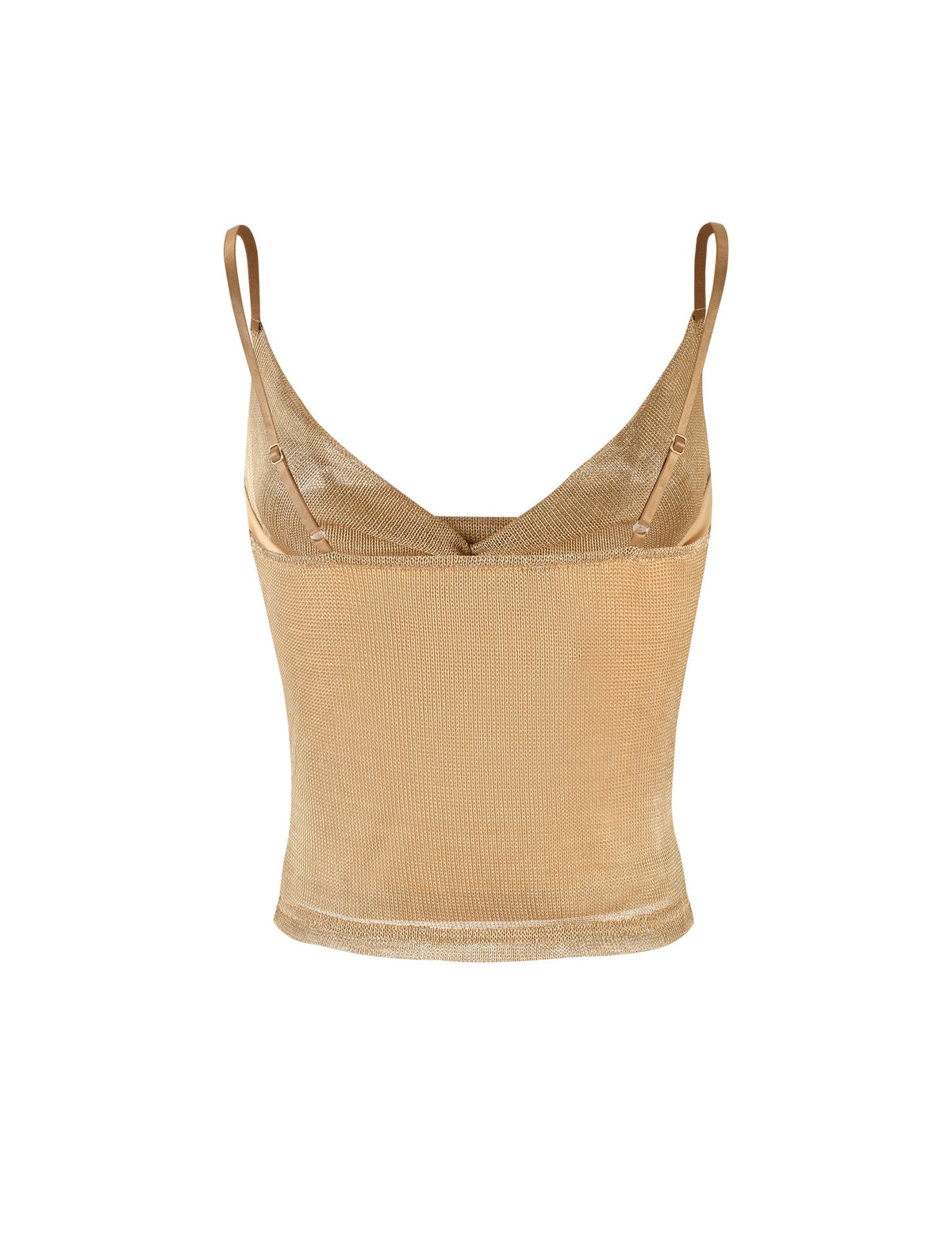 The WYNNE TOP - GOLD by TIGERMIST is a ribbed knit camisole featuring thin straps and a fitted design. It boasts a V-neckline and smooth, seamless fabric for a sleek and minimalist look. The top is displayed on a plain white background.