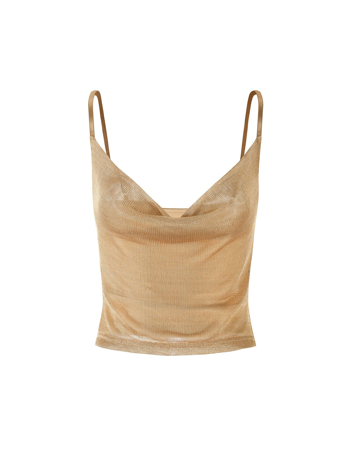 The WYNNE TOP - GOLD by TIGERMIST is a sleek and stylish metallic camisole featuring thin spaghetti straps and a draped neckline. The top sports a fitted, slightly cropped silhouette and shimmers with a glamorous effect.