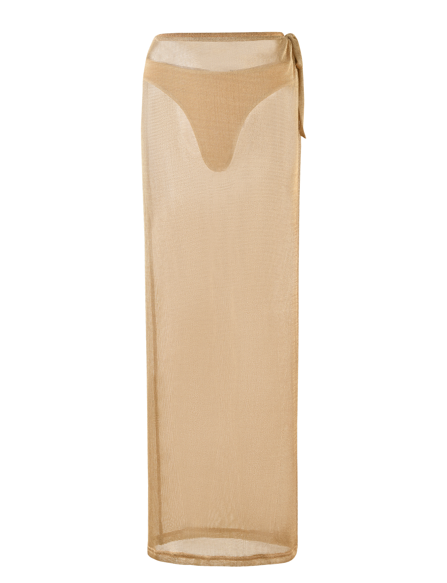 The WYNNE SKIRT - GOLD by TIGERMIST is a sheer light brown mesh maxi skirt with a relaxed fit and side waist tie, styled over matching bikini bottoms.