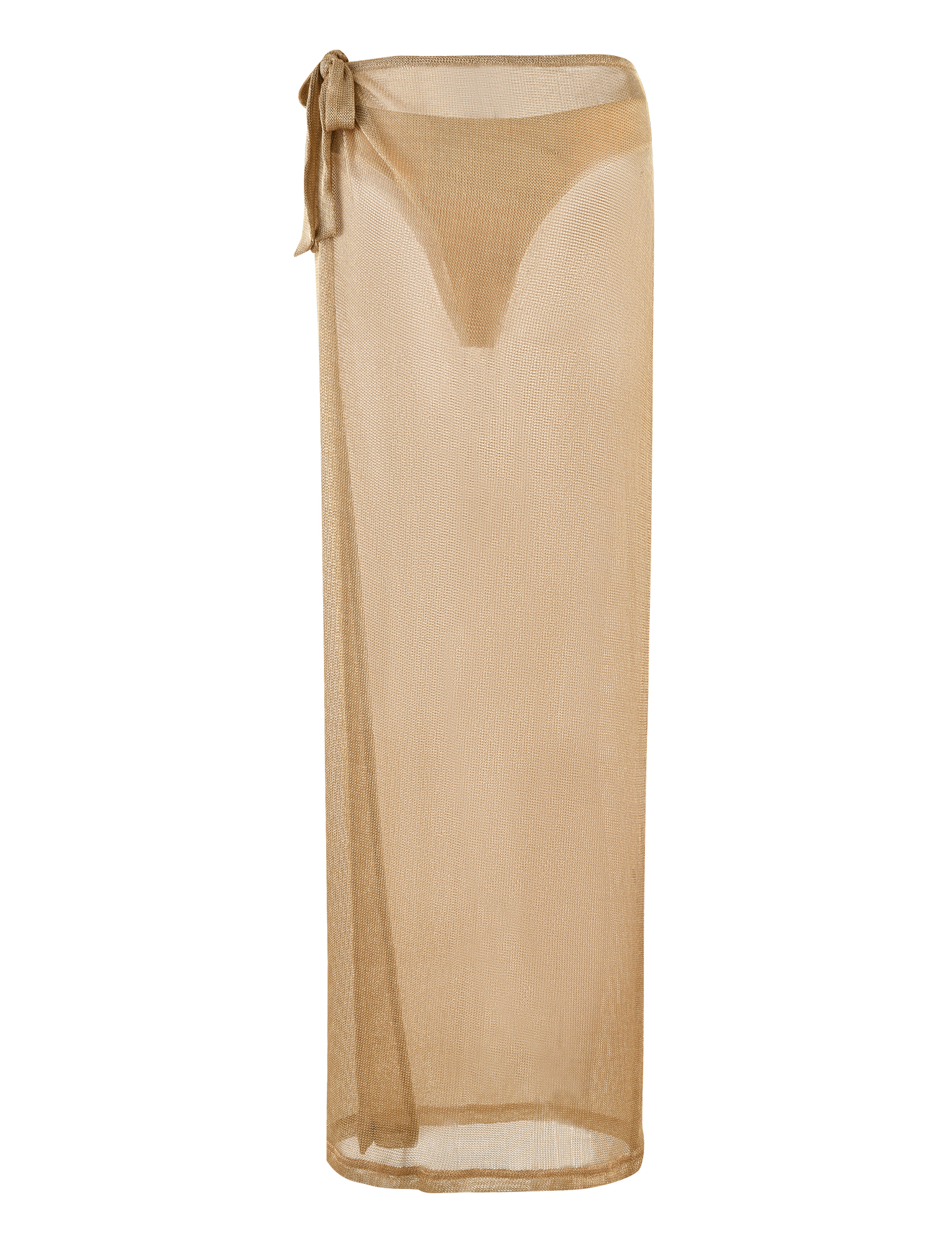 The WYNNE SKIRT - GOLD by TIGERMIST is a sheer, light brown mesh sarong with a relaxed fit, semi-transparent finish, floor-length cut, and functional waist wrap detail.