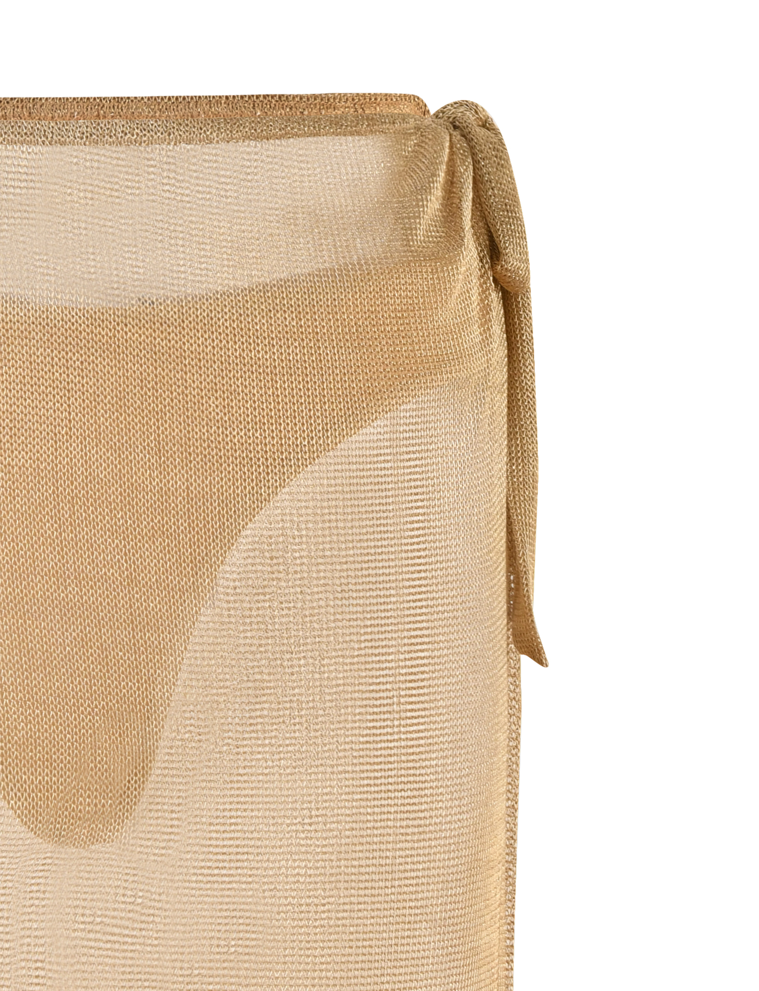 A close-up of the WYNNE SKIRT - GOLD by TIGERMIST, a sheer beige mesh skirt with a functional side tie wrap, layered over a matching bikini bottom for a semi-transparent look.