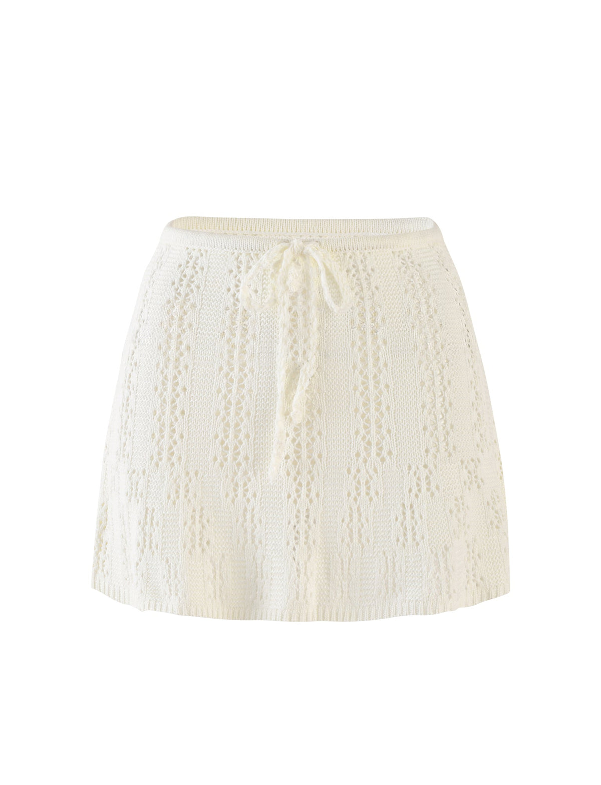 Introducing the SANDOR SKIRT in white from TIGERMIST, an above-the-knee design featuring a knitted, lace-like pattern. This stylish skirt includes a drawstring tie at the waist for an adjustable fit. The hem is slightly flared, lending it a soft and flowing appearance. Delicately textured with intricate details throughout, it's perfect for any occasion.