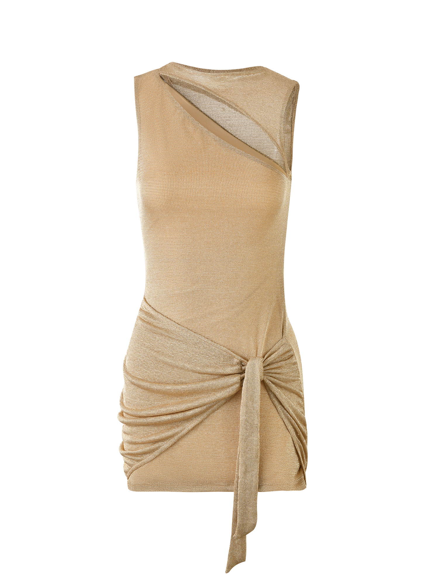 The AZELMA DRESS - GOLD by TIGERMIST is a sleeveless mini dress with an asymmetric bust cutout, asymmetrical neckline, and a gathered side tie at the waist for a draped, ruched effect.