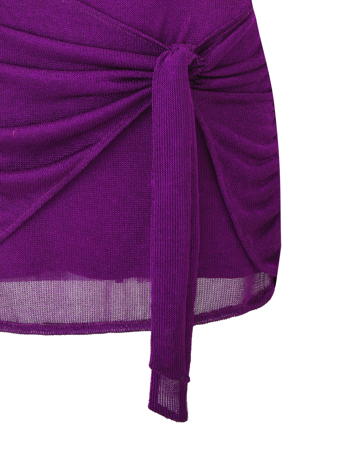 A close-up of the TIGERMIST AZELMA DRESS in purple, a ribbed mini dress with a front knot, draped detailing, and a subtly sheer lower edge.