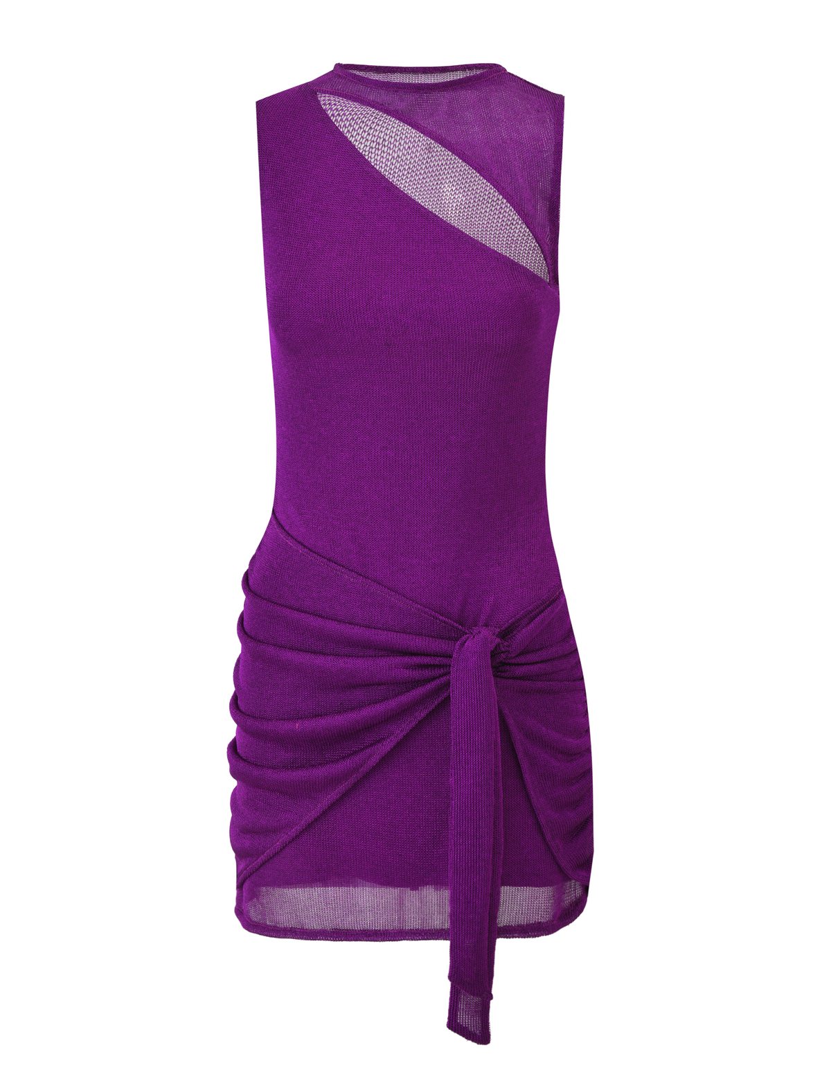 The AZELMA DRESS by TIGERMIST is a sleeveless, purple, fitted mini dress with an asymmetric mesh chest detail, ruched skirt, and a waist tie accent.