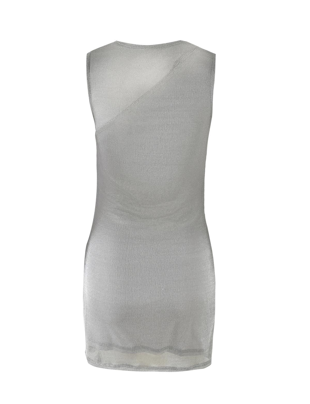 The TIGERMIST AZELMA DRESS - SILVER is a sleeveless, metallic silver knit mini dress with a fitted silhouette and slightly sheer texture, shown from the back on a white background for an effortlessly modern look.