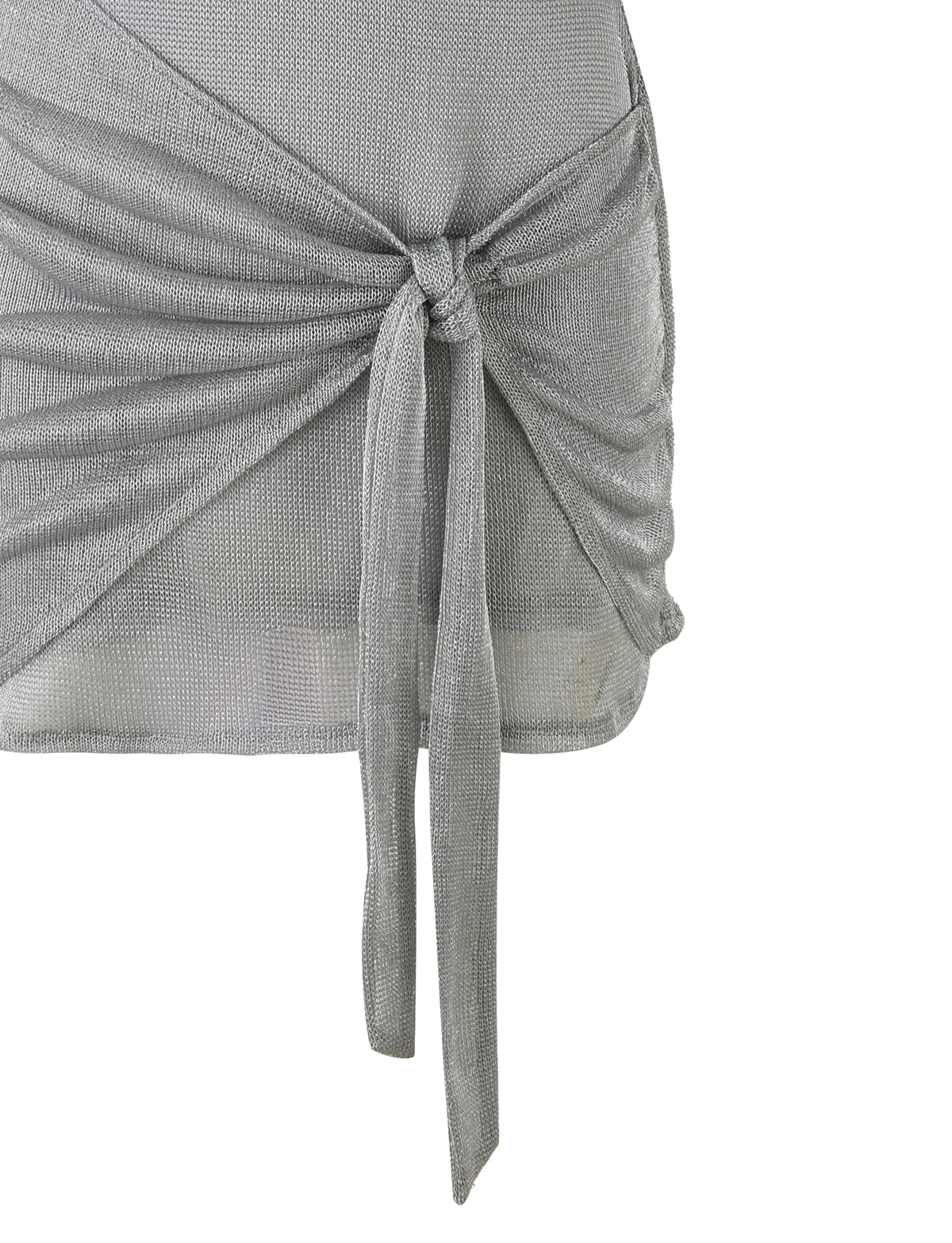 Close-up of the silver metallic knit top’s front knot detail, draped at the waist—pairs perfectly with the TIGERMIST AZELMA DRESS - SILVER for a chic mini look.