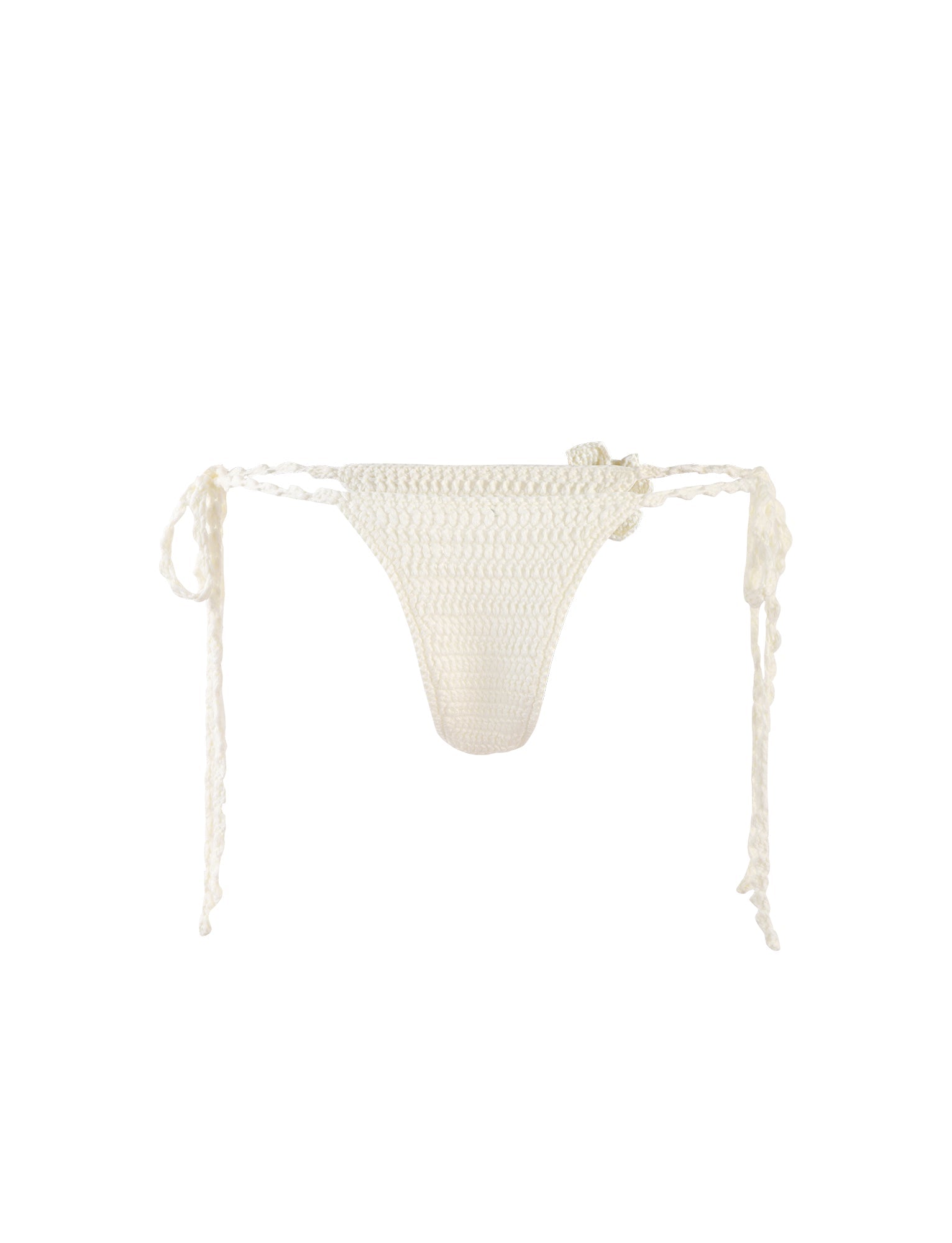 A white MELIORA BIKINI BOTTOM from TIGERMIST, featuring crochet material and string ties on each side, is displayed against a plain white background.