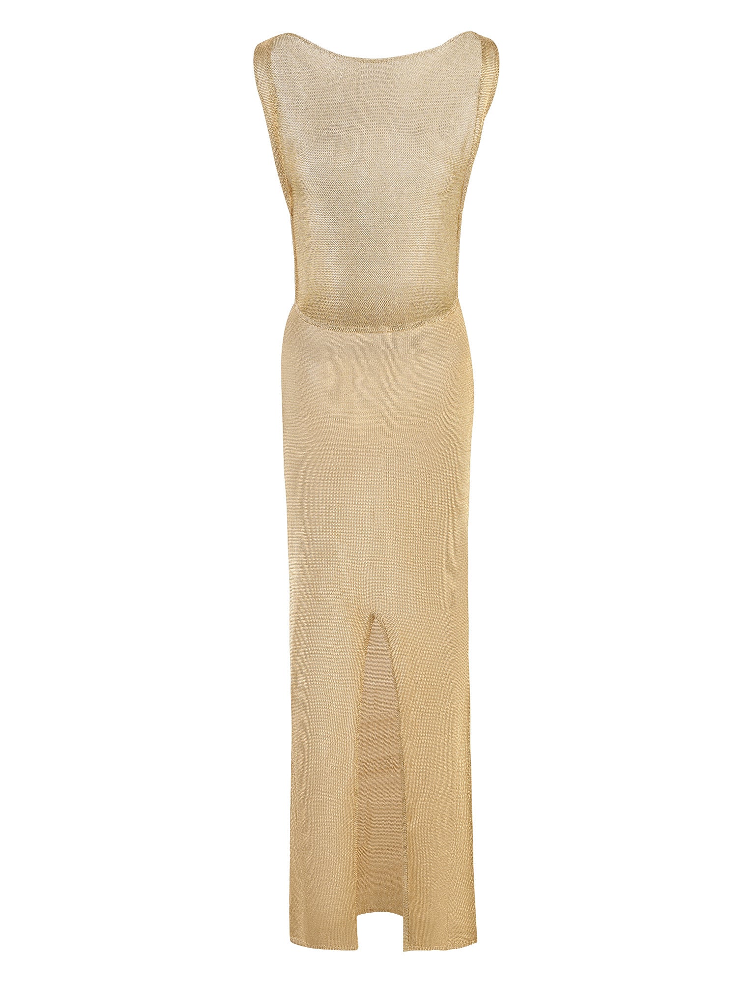 ZAELA DRESS - GOLD from TIGERMIST is a long, semi-sheer, sleeveless dress featuring a high neckline and a front slit. The lightweight fabric has a slight shimmer to it. Designed for a close fit, it showcases an elegant and minimalist style.