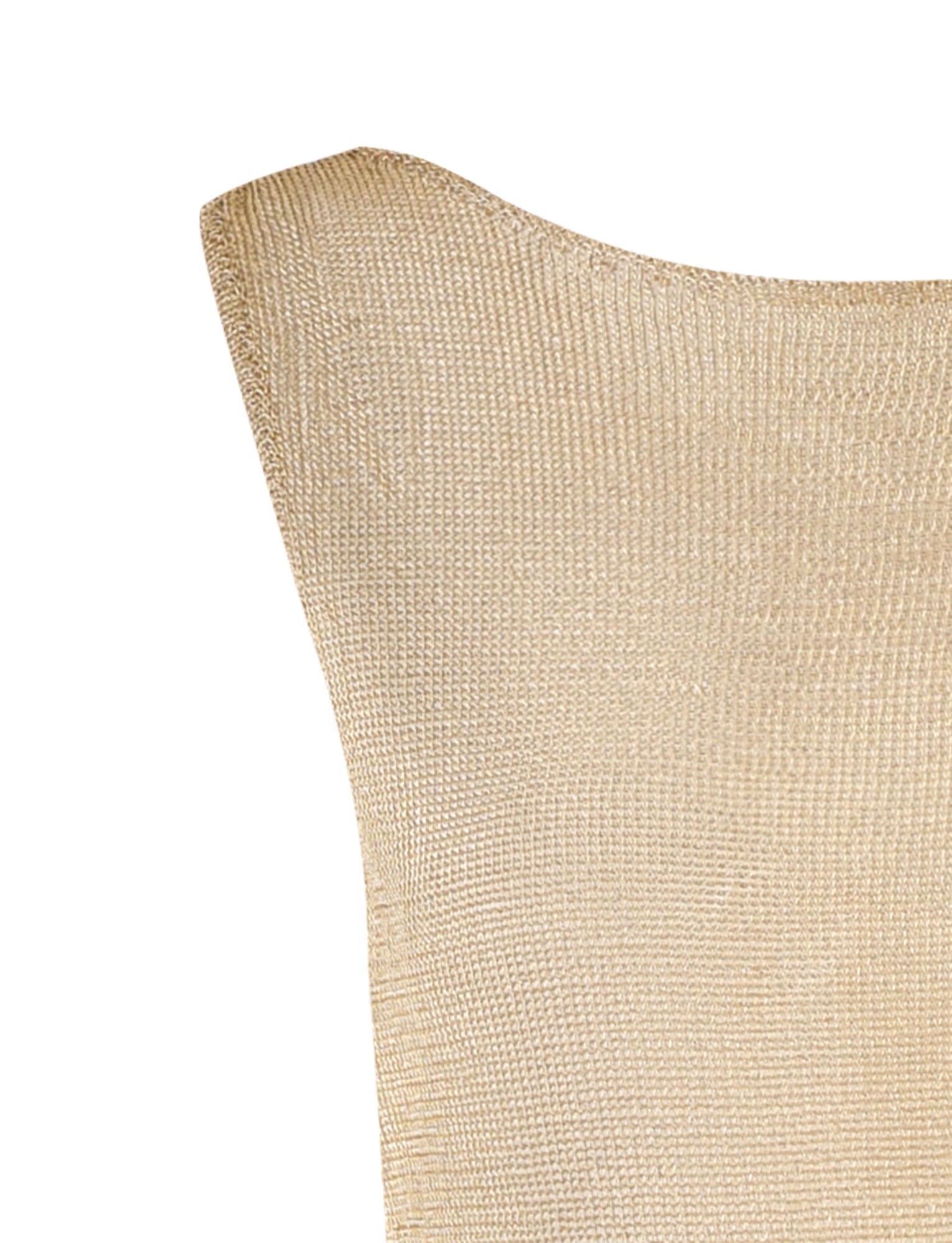 Close-up of a beige knit fabric from TIGERMIST's ZAELA DRESS - GOLD, showcasing a textured pattern. The fabric is slightly curved, likely belonging to the shoulder area of the dress, with fine details of the stitching visible.