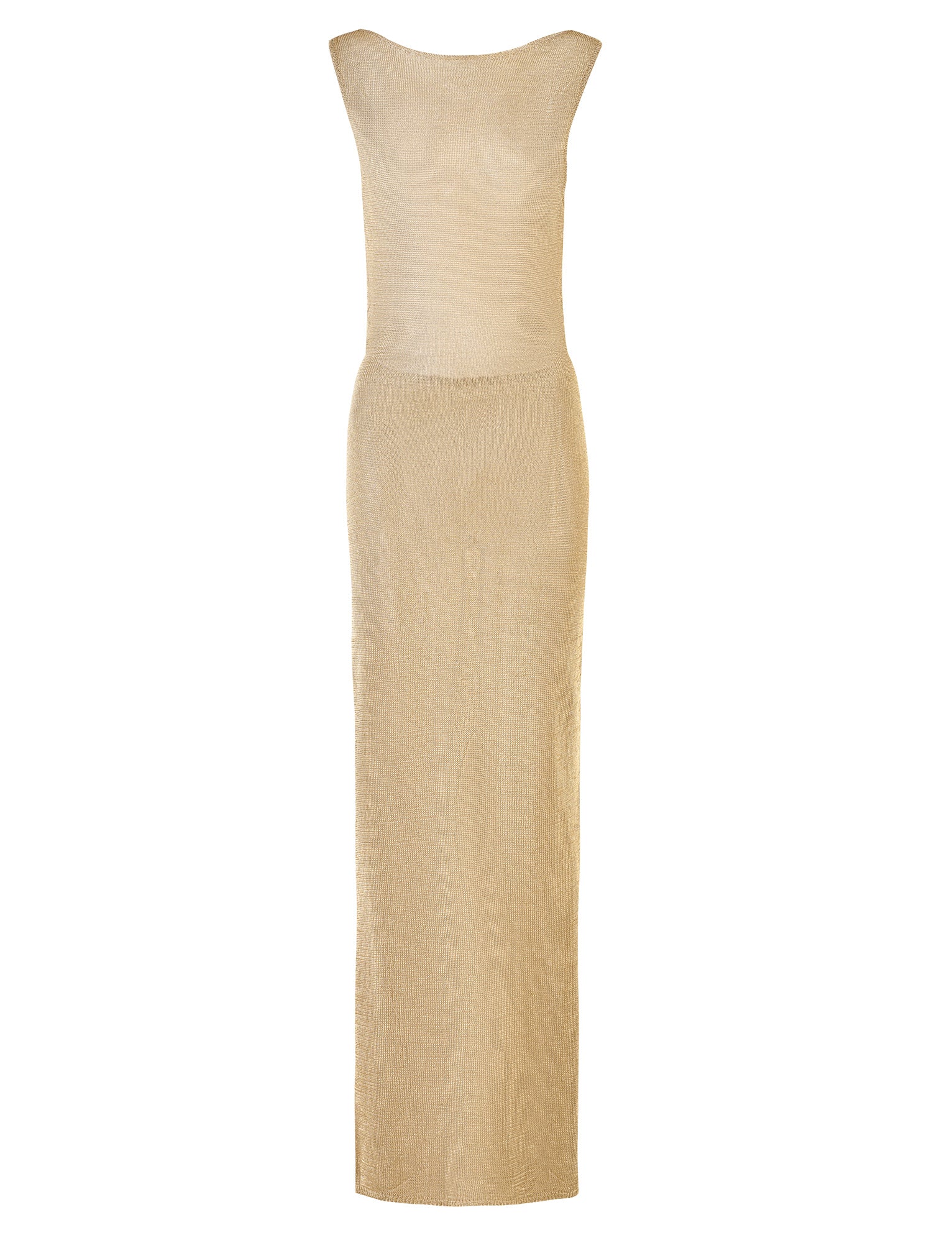 The ZAELA DRESS - GOLD by TIGERMIST is a sleeveless, floor-length dress crafted from a light gold, shimmery fabric. This elegant piece features a subtle boat neckline and a form-fitting silhouette. The material's slight sheen adds an extra touch of sophistication to the overall appearance.