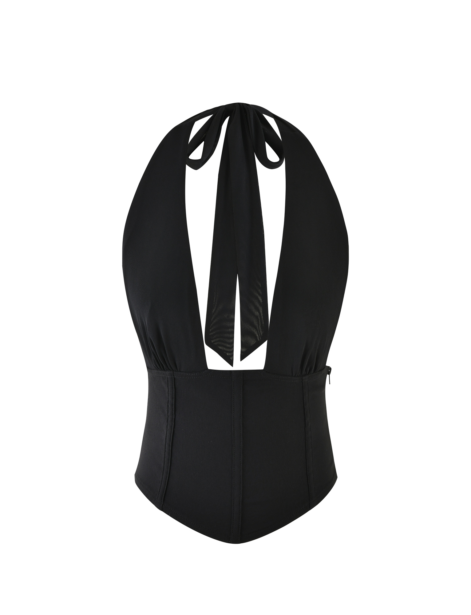 The TIGERMIST JANECE TOP - BLACK is a halter-style one-piece with a deep V-neck and neck tie closure, boasting a flattering bodycon fit, showcased on a plain white background.