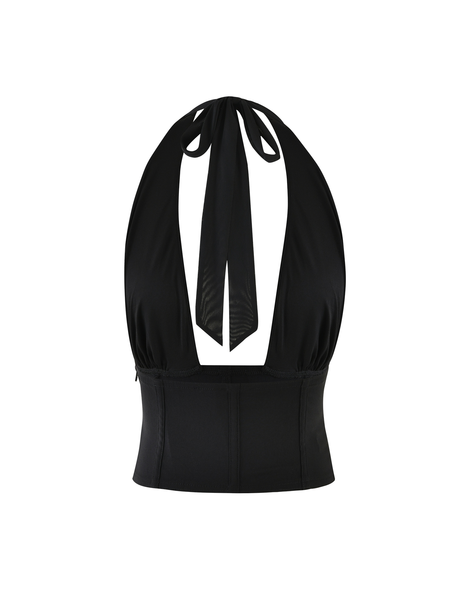 The JANECE TOP - BLACK by TIGERMIST is a black corset top with a halter neckline, deep V cut, and neck tie, shown against a plain white background.