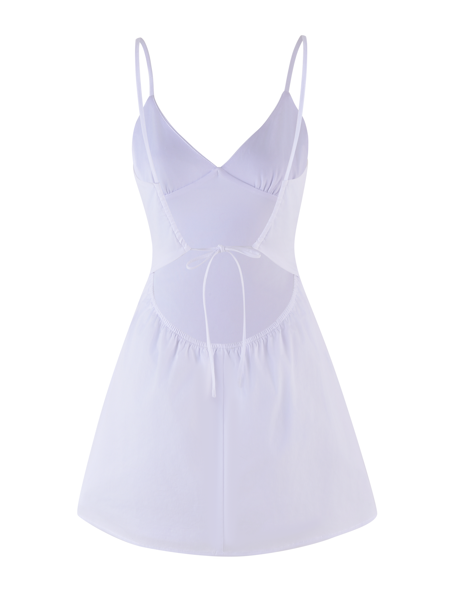 The WINNIE MINI DRESS by TIGERMIST is a white, sleeveless mini with adjustable straps, crisscross bodice, cut-out sides, waist tie detail, flared skirt, and an open back for a playful yet chic look.